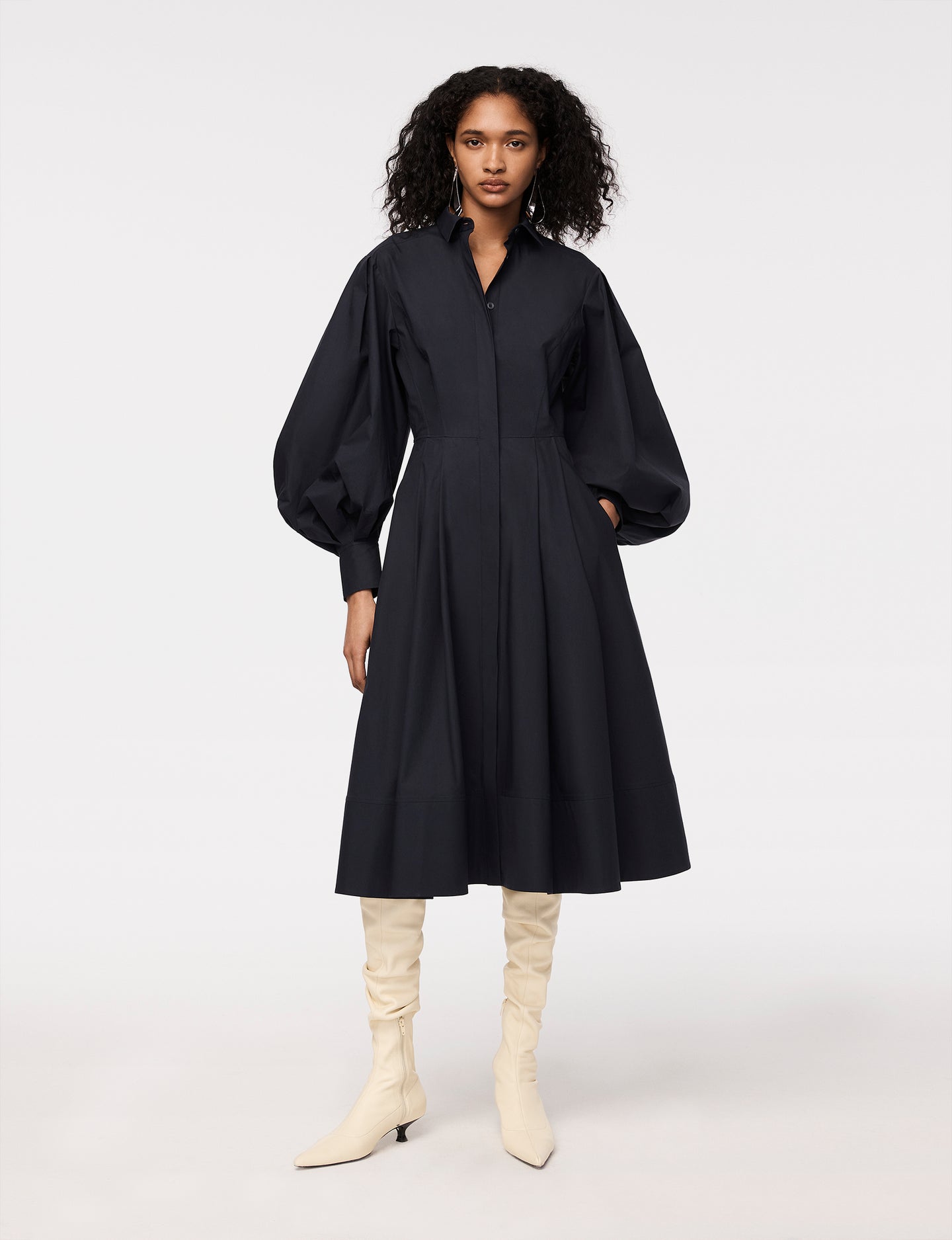 Another Tomorrow Seamed Waist Shirt Dress in Midnight – Cotton Women's Dress