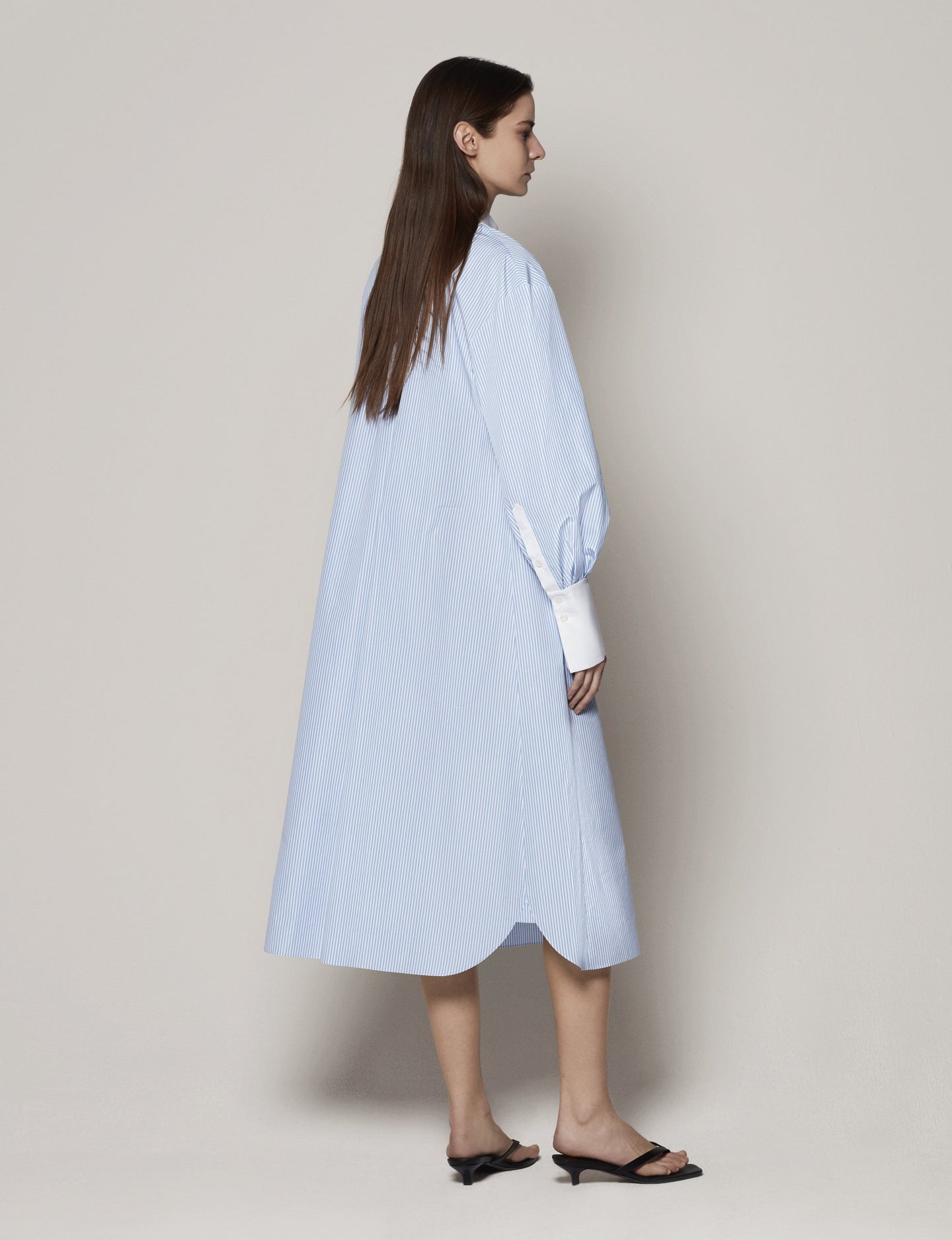 Another Tomorrow Bib Shirt Dress in Blue Stripe – Cotton Women's Dress