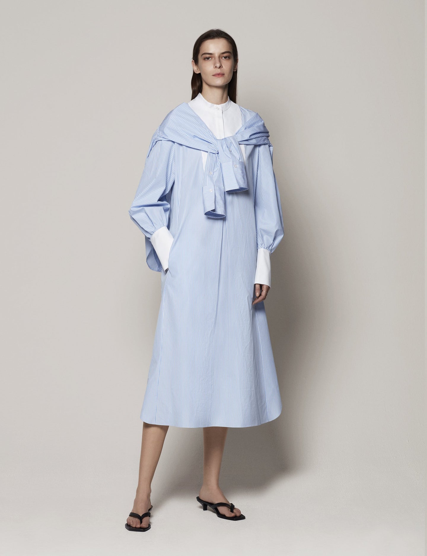 Another Tomorrow Bib Shirt Dress in Blue Stripe – Cotton Women's Dress