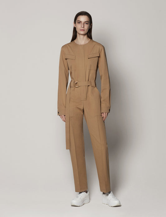 Another Tomorrow Collarless Jumpsuit in Marrone – Cotton Women's Jumpsuit