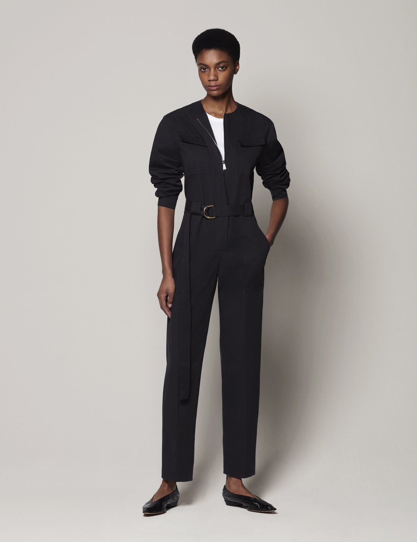 Another Tomorrow Collarless Jumpsuit in Black – Cotton Women's Jumpsuit