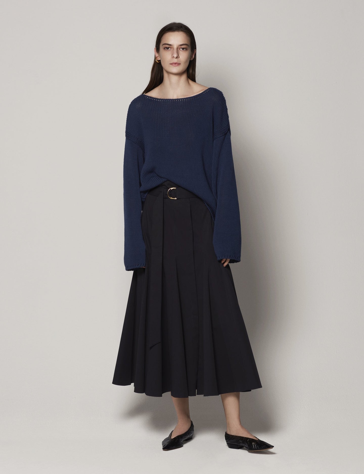 Another Tomorrow Draped Knit Sweater in Navy – Cotton Women's Knitwear