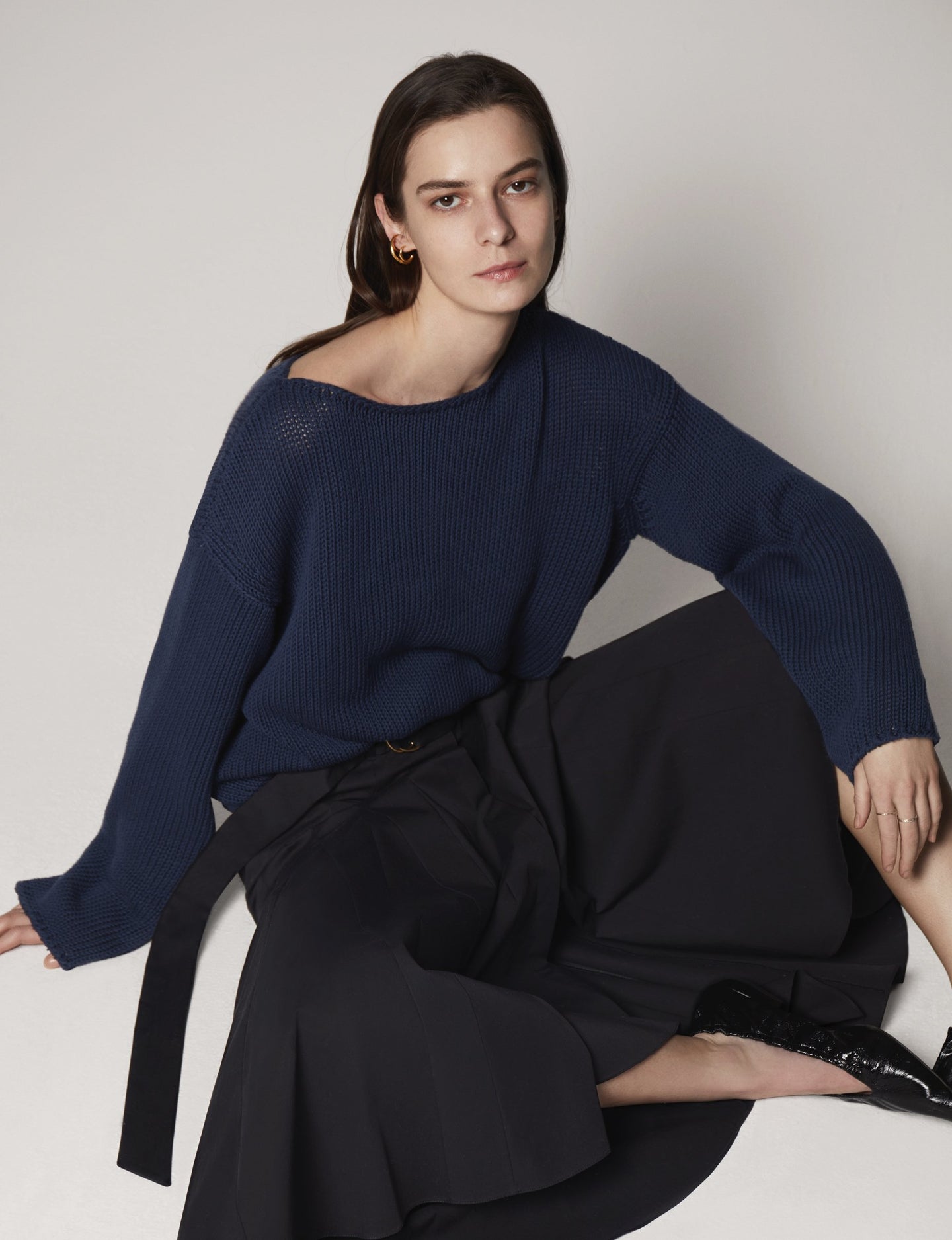 Another Tomorrow Draped Knit Sweater in Navy – Cotton Women's Knitwear