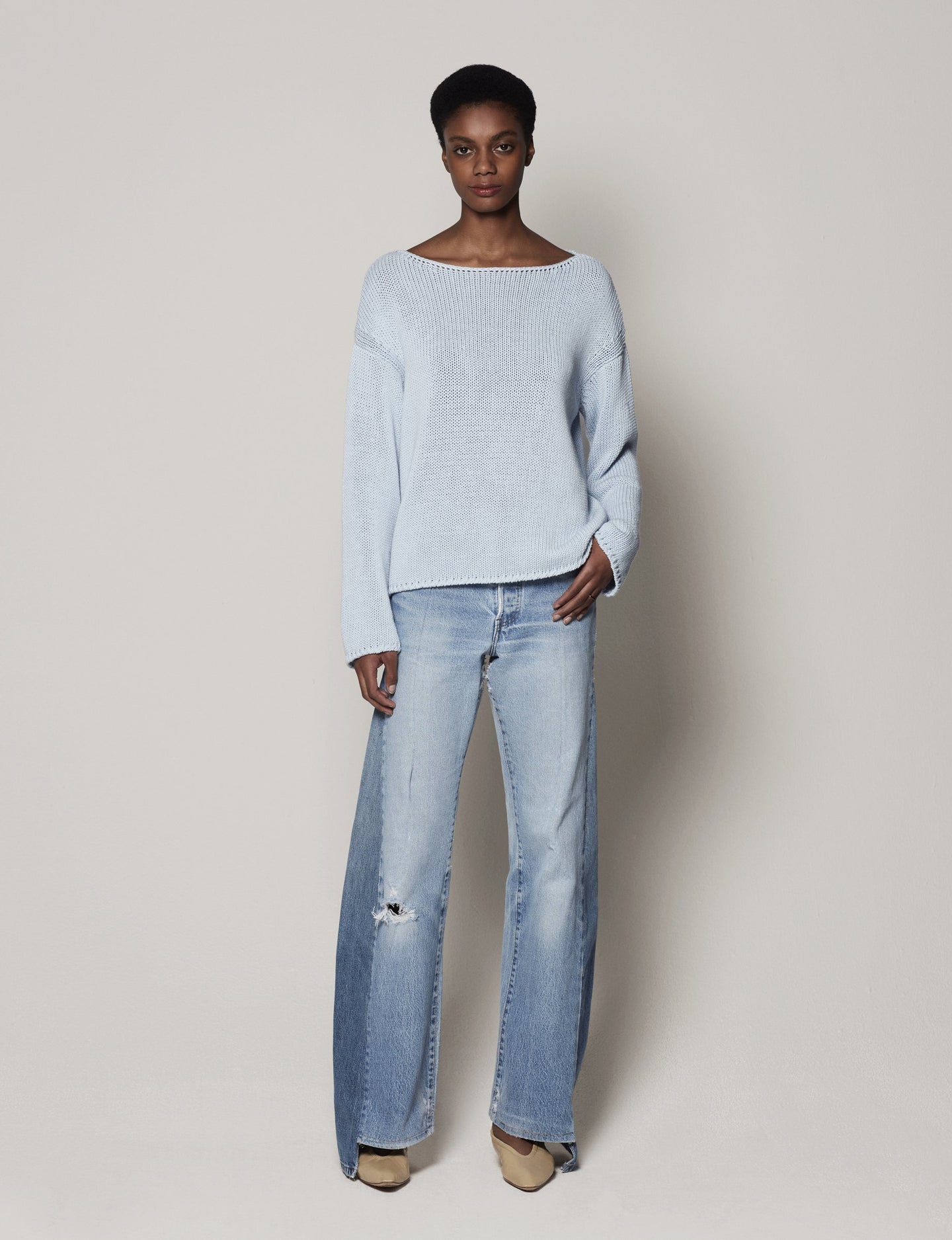 Another Tomorrow Draped Knit Sweater in Dusty Blue – Cotton Women's Knitwear