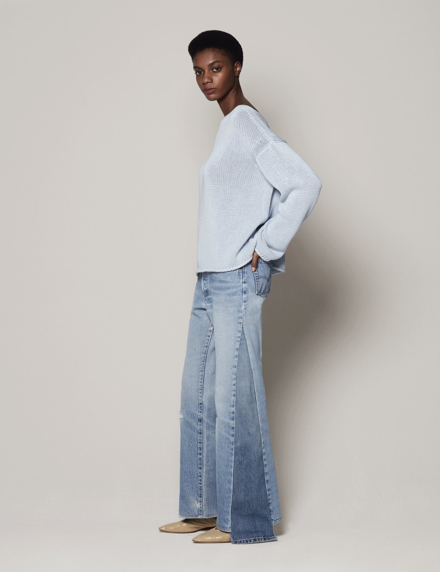 Another Tomorrow Draped Knit Sweater in Dusty Blue – Cotton Women's Knitwear