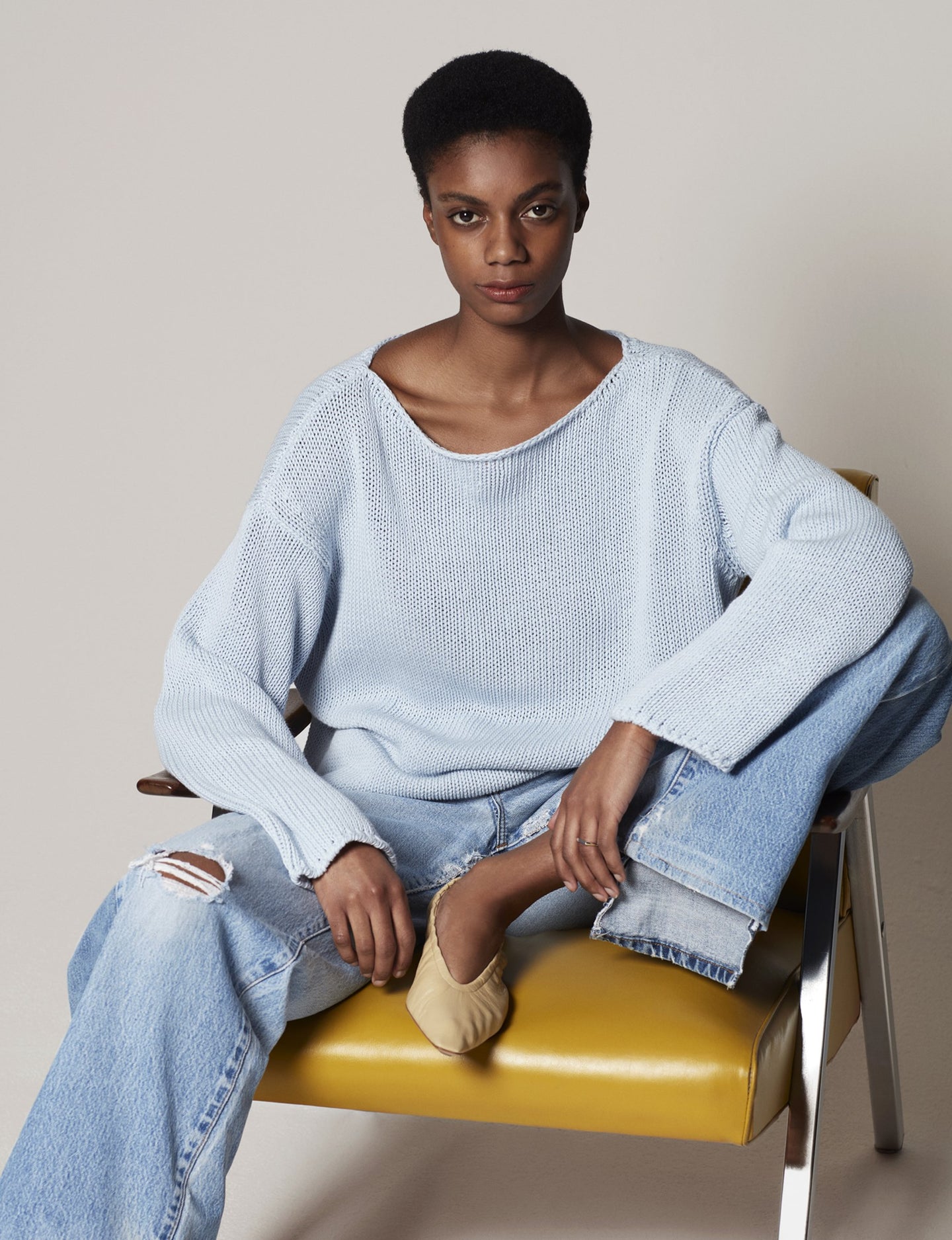 Another Tomorrow Draped Knit Sweater in Dusty Blue – Cotton Women's Knitwear