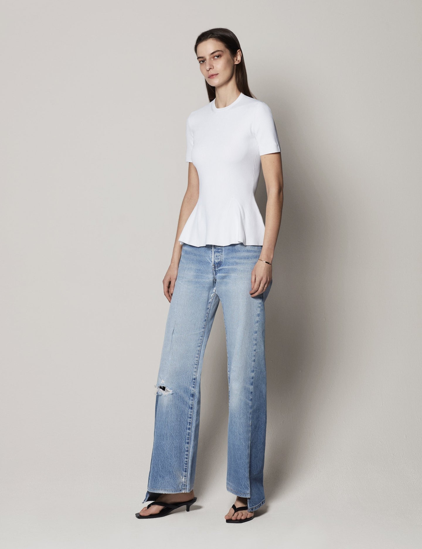 Another Tomorrow Peplum Knit in White – Viscose Women's Knitwear
