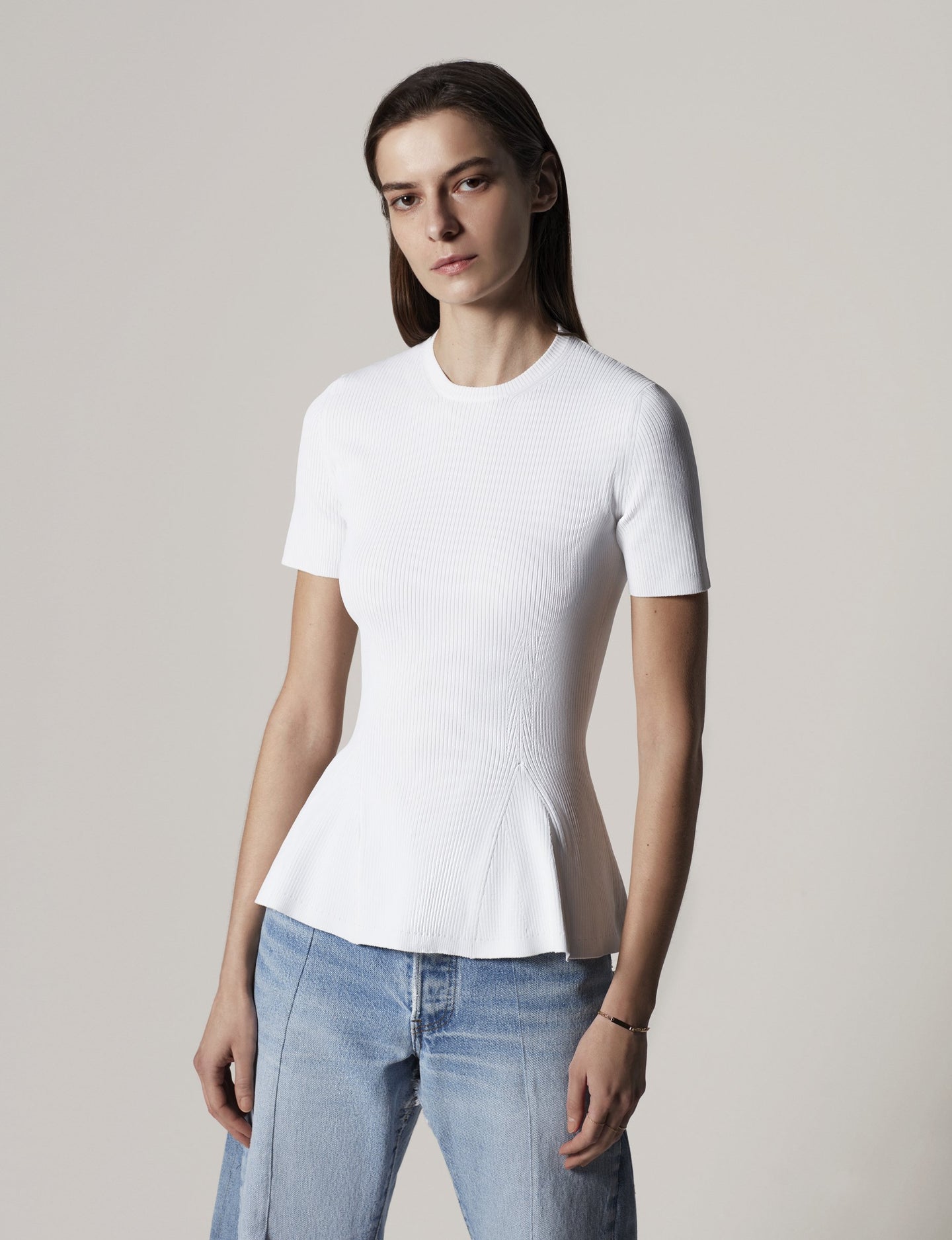 Another Tomorrow Peplum Knit in White – Viscose Women's Knitwear