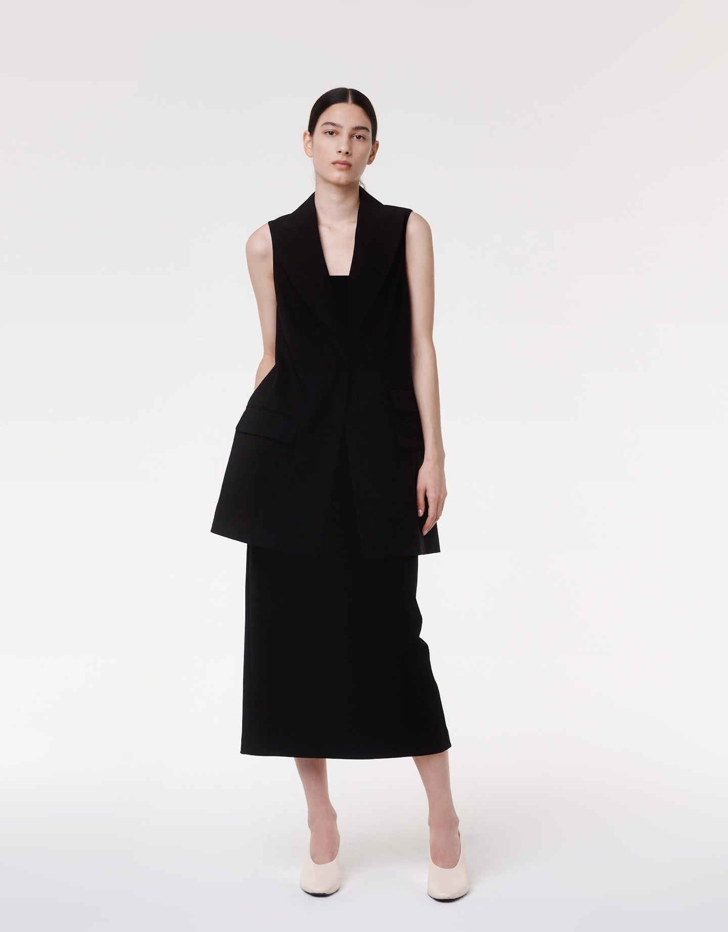 Another Tomorrow Belted Tailored Vest in Black – Viscose Women's Jacket