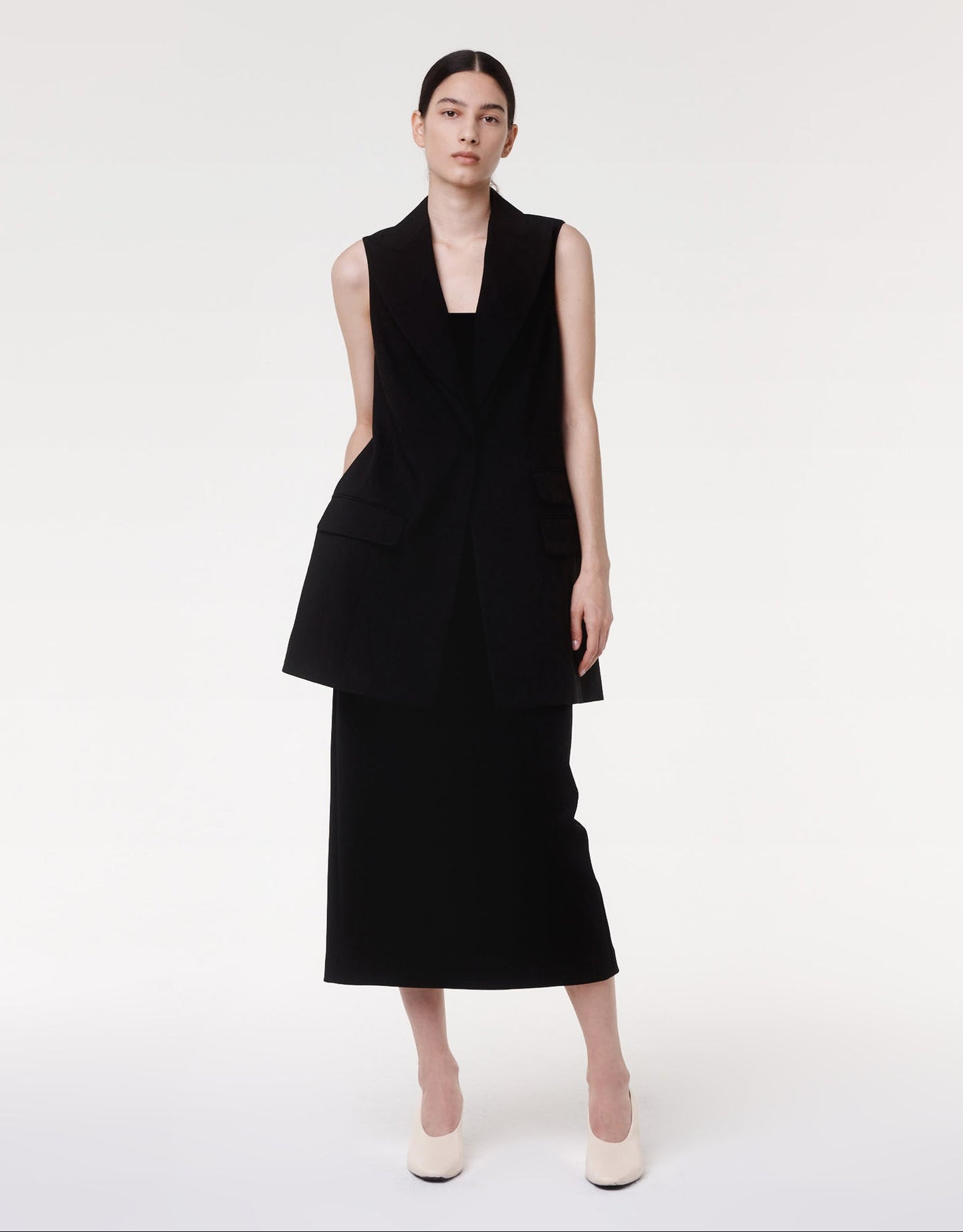 Another Tomorrow Belted Tailored Vest in Black – Viscose Women's Jacket