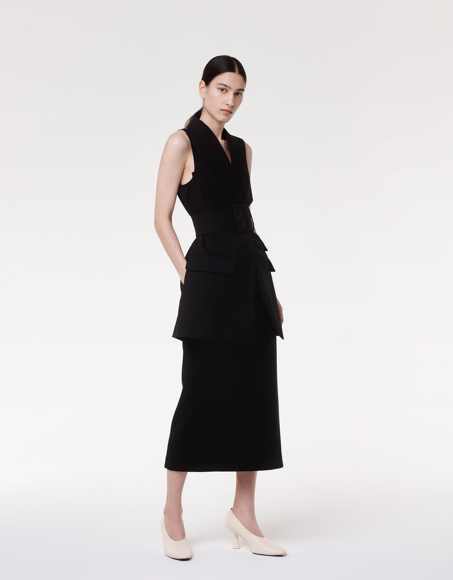 Another Tomorrow Belted Tailored Vest in Black – Viscose Women's Jacket
