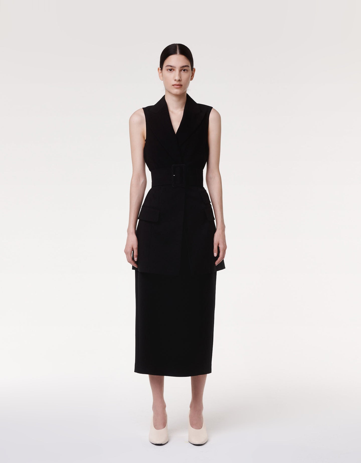 Another Tomorrow Belted Tailored Vest in Black – Viscose Women's Jacket