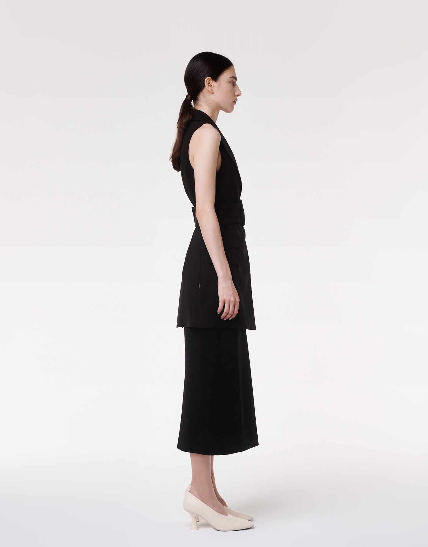Another Tomorrow Belted Tailored Vest in Black – Viscose Women's Jacket