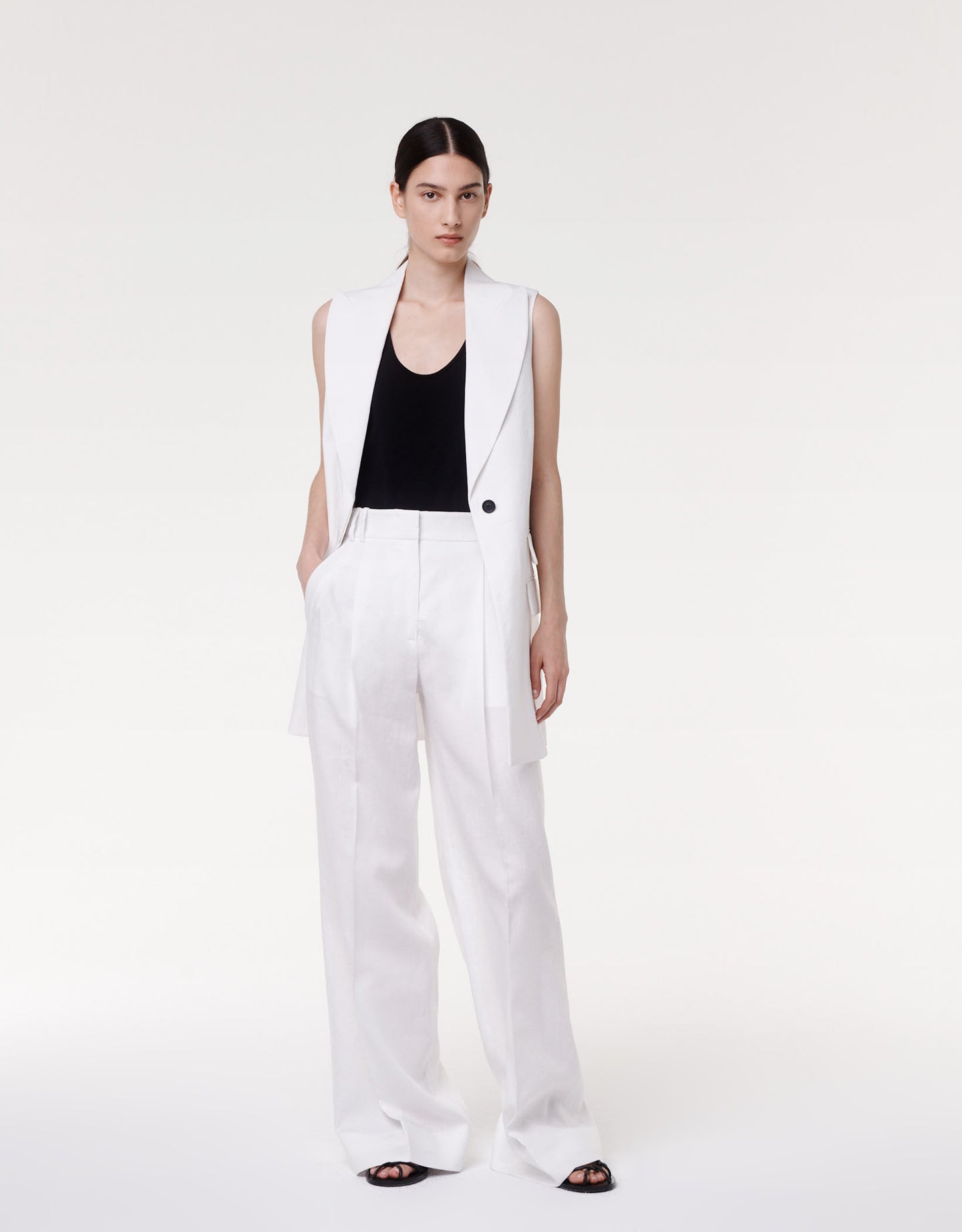 Another Tomorrow Belted Tailored Vest in Off White – Viscose Women's Jacket