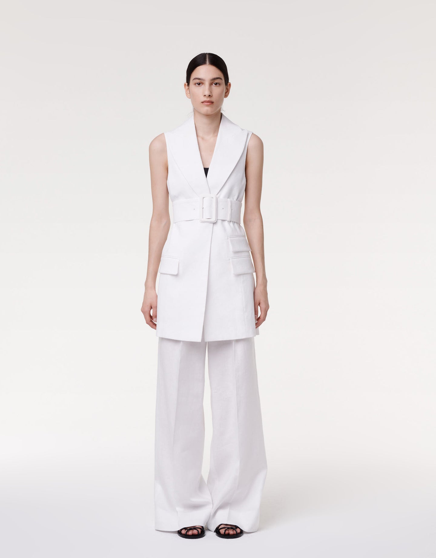 Another Tomorrow Belted Tailored Vest in Off White – Viscose Women's Jacket