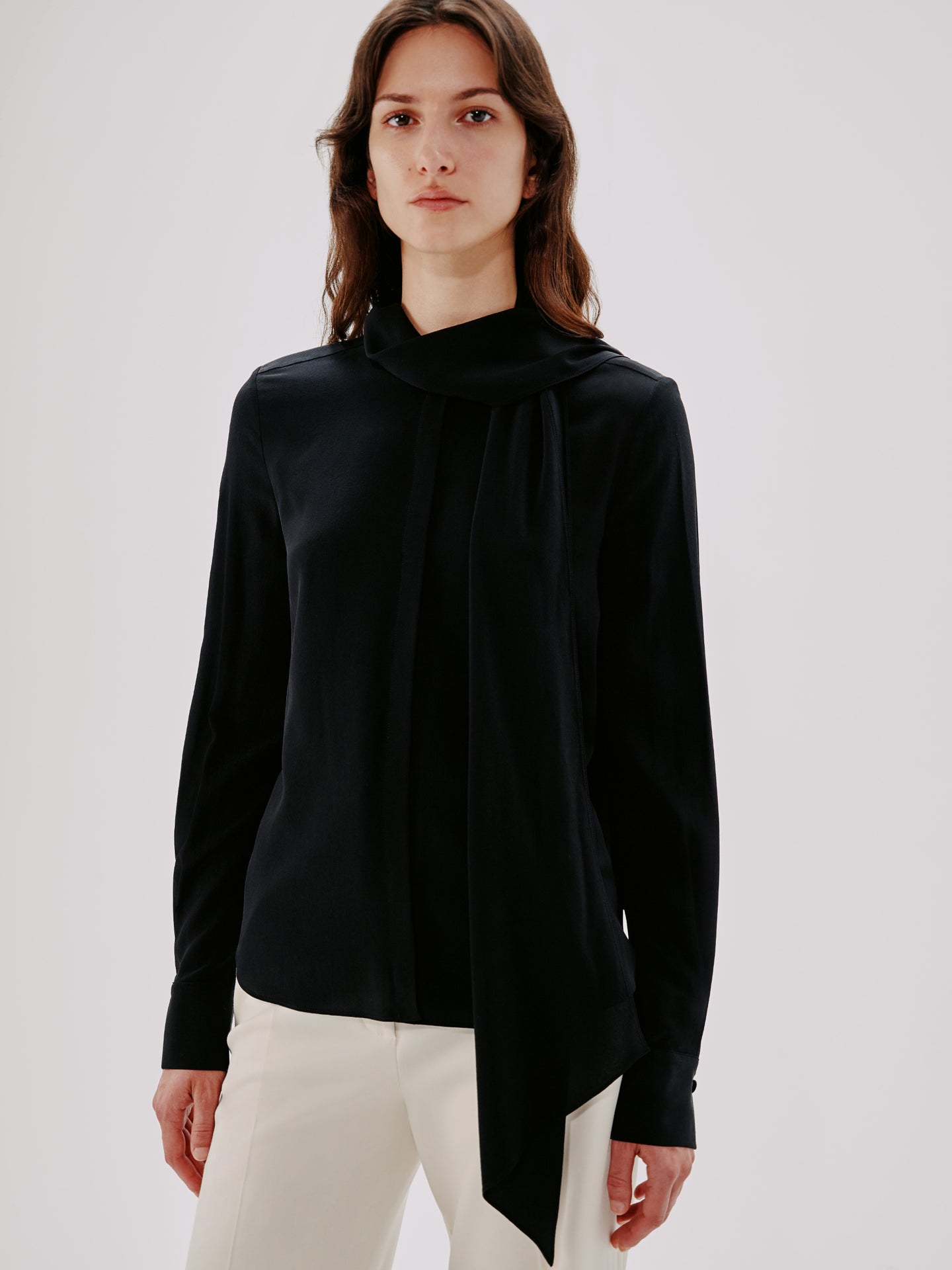 Another Tomorrow Bow Blouse in Black – Silk Women's Top