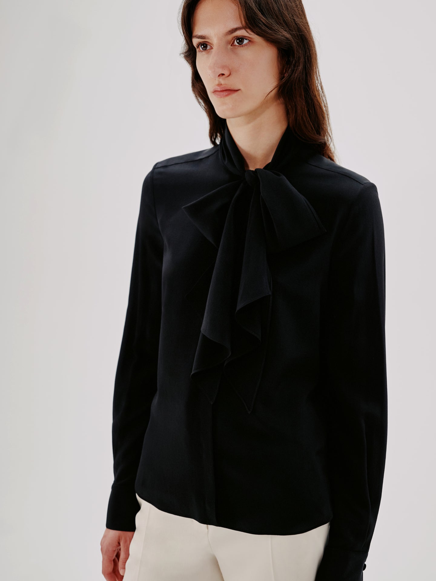 Another Tomorrow Bow Blouse in Black – Silk Women's Top