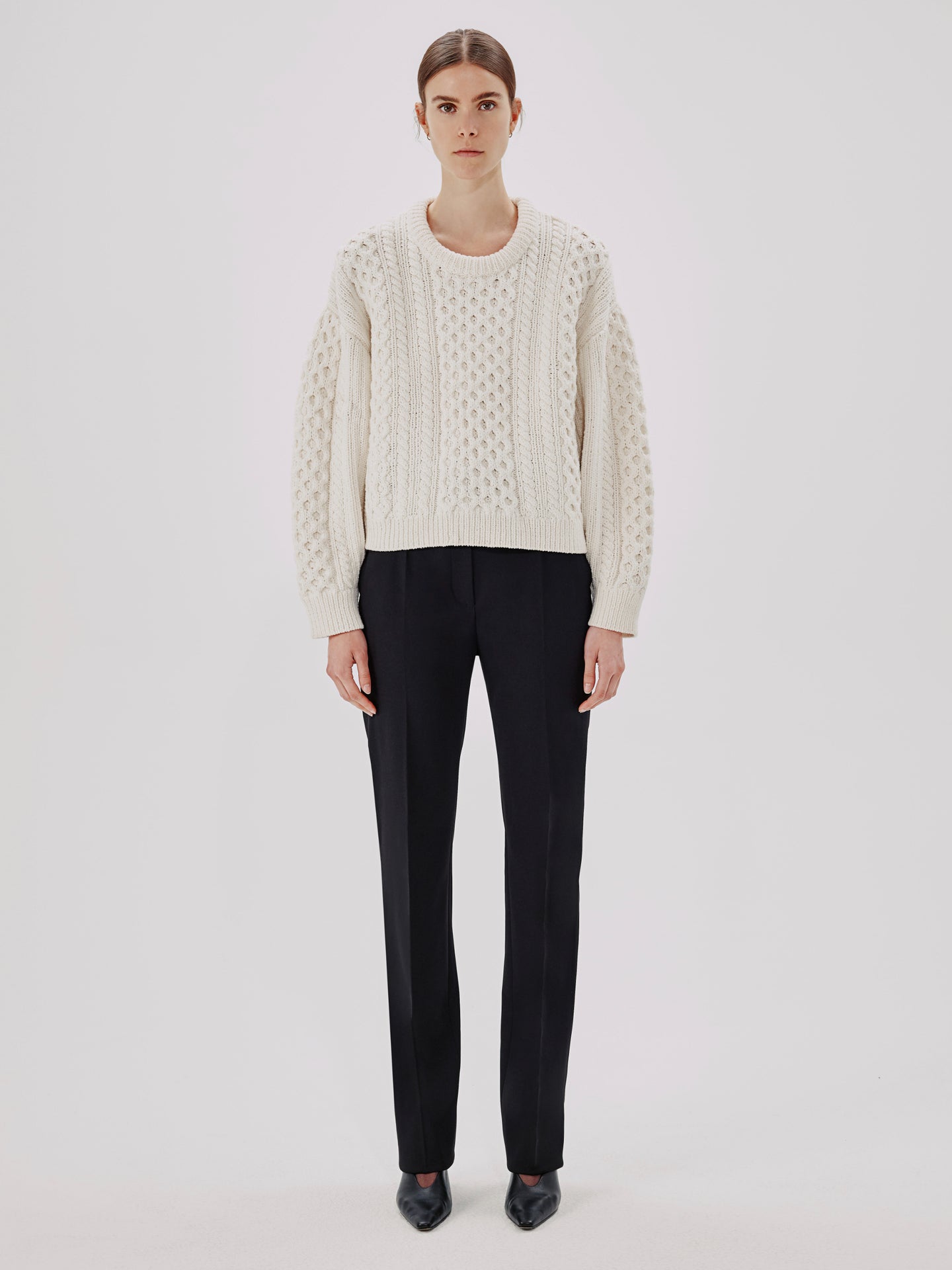 Another Tomorrow Cable Knit Cocoon Sweater in Cream – Wool Women's Knitwear