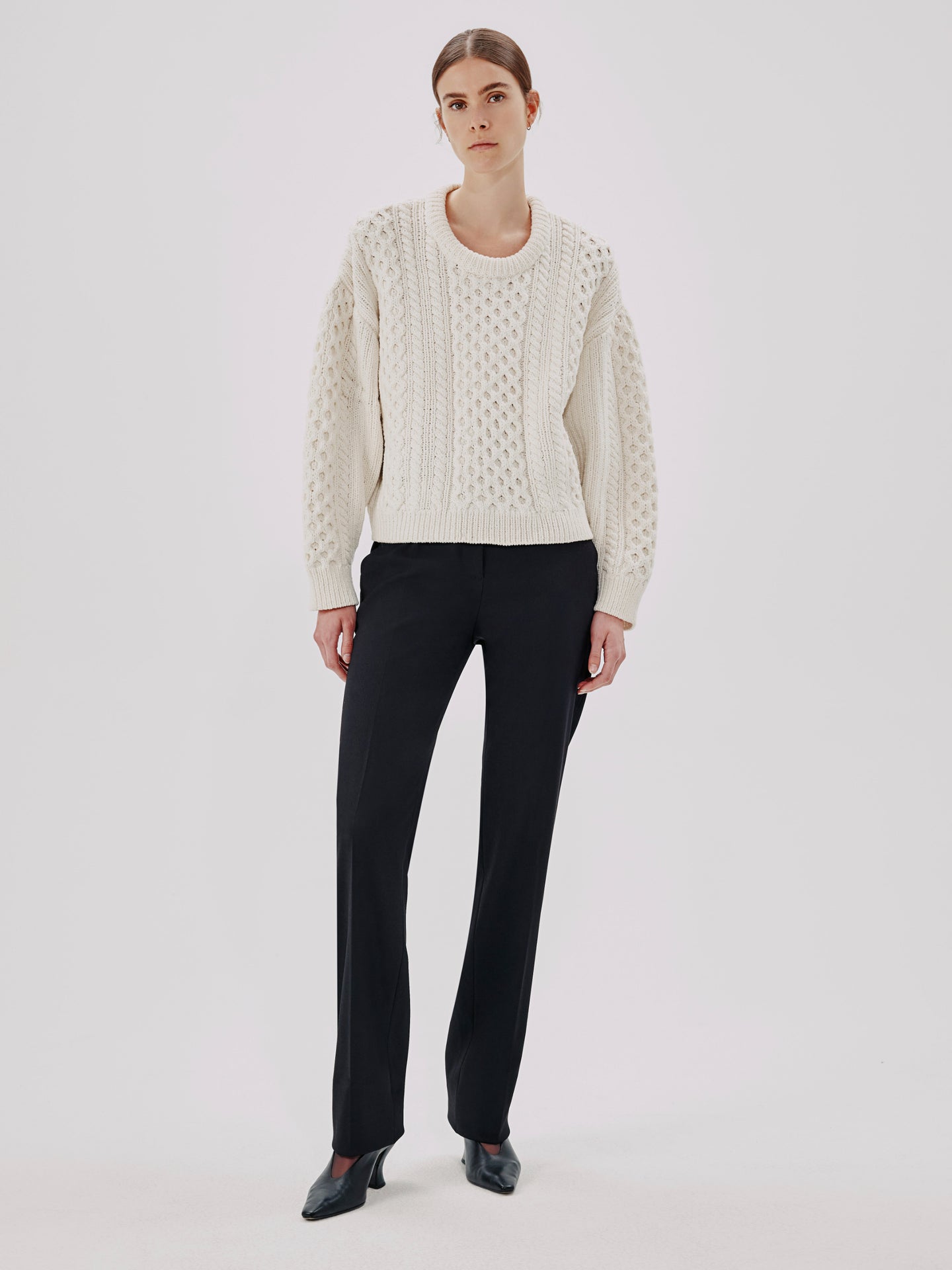 Another Tomorrow Cable Knit Cocoon Sweater in Cream – Wool Women's Knitwear