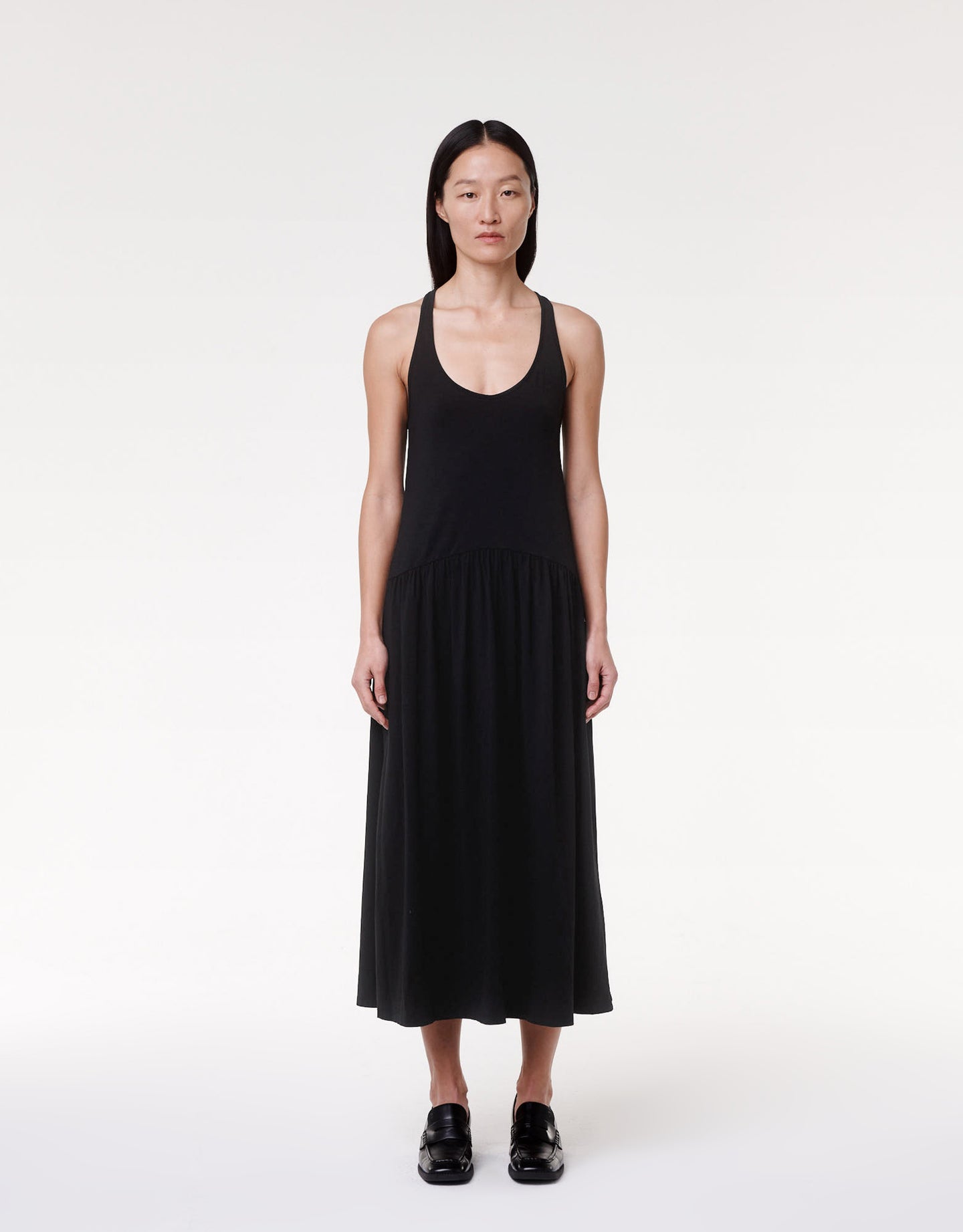 Another Tomorrow Dropwaist Gathered Tank Dress in Black – Cotton Women's Dress