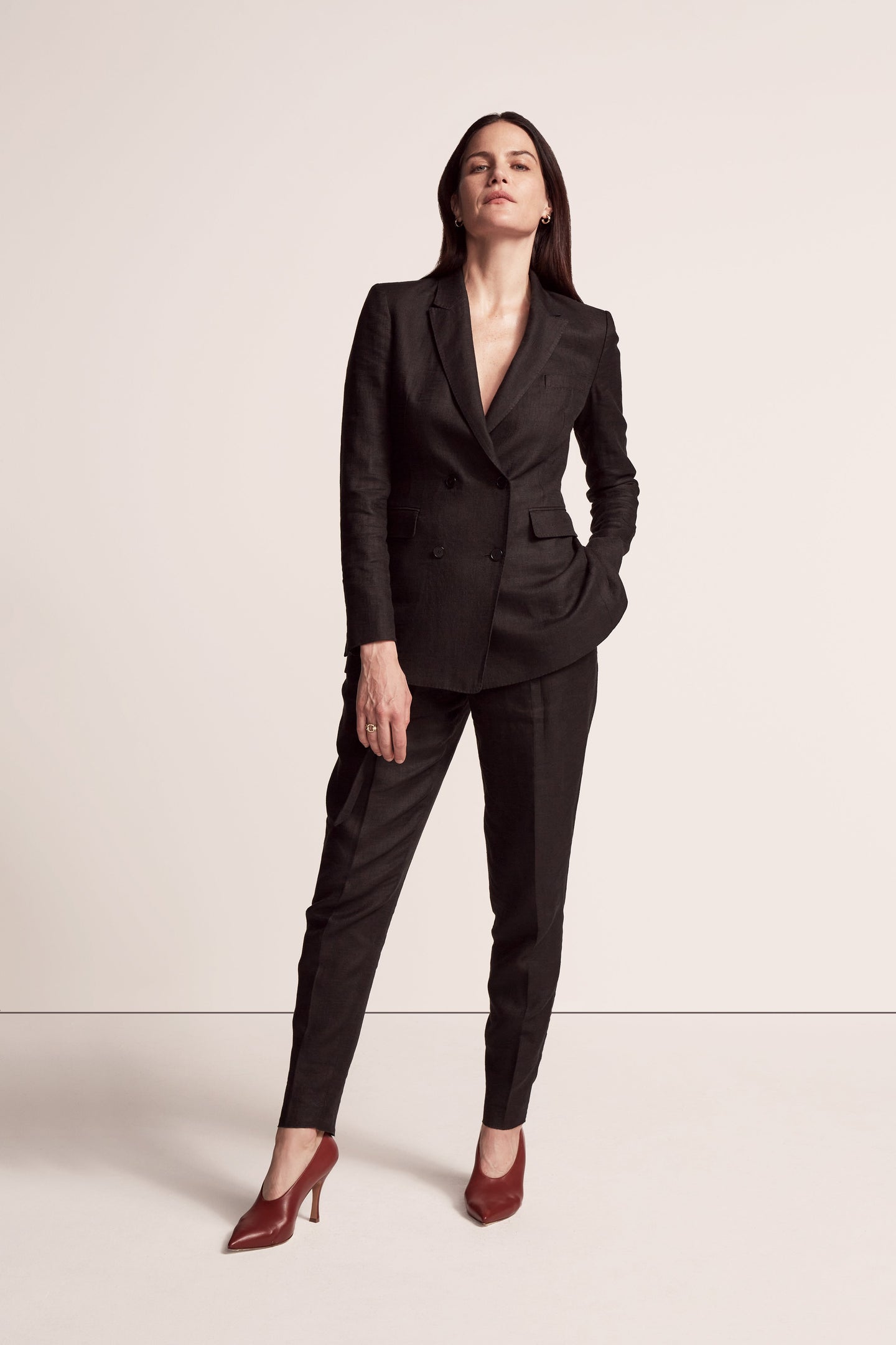 Another Tomorrow Double-Breasted Linen Jacket in Black – Linen Women's Jacket