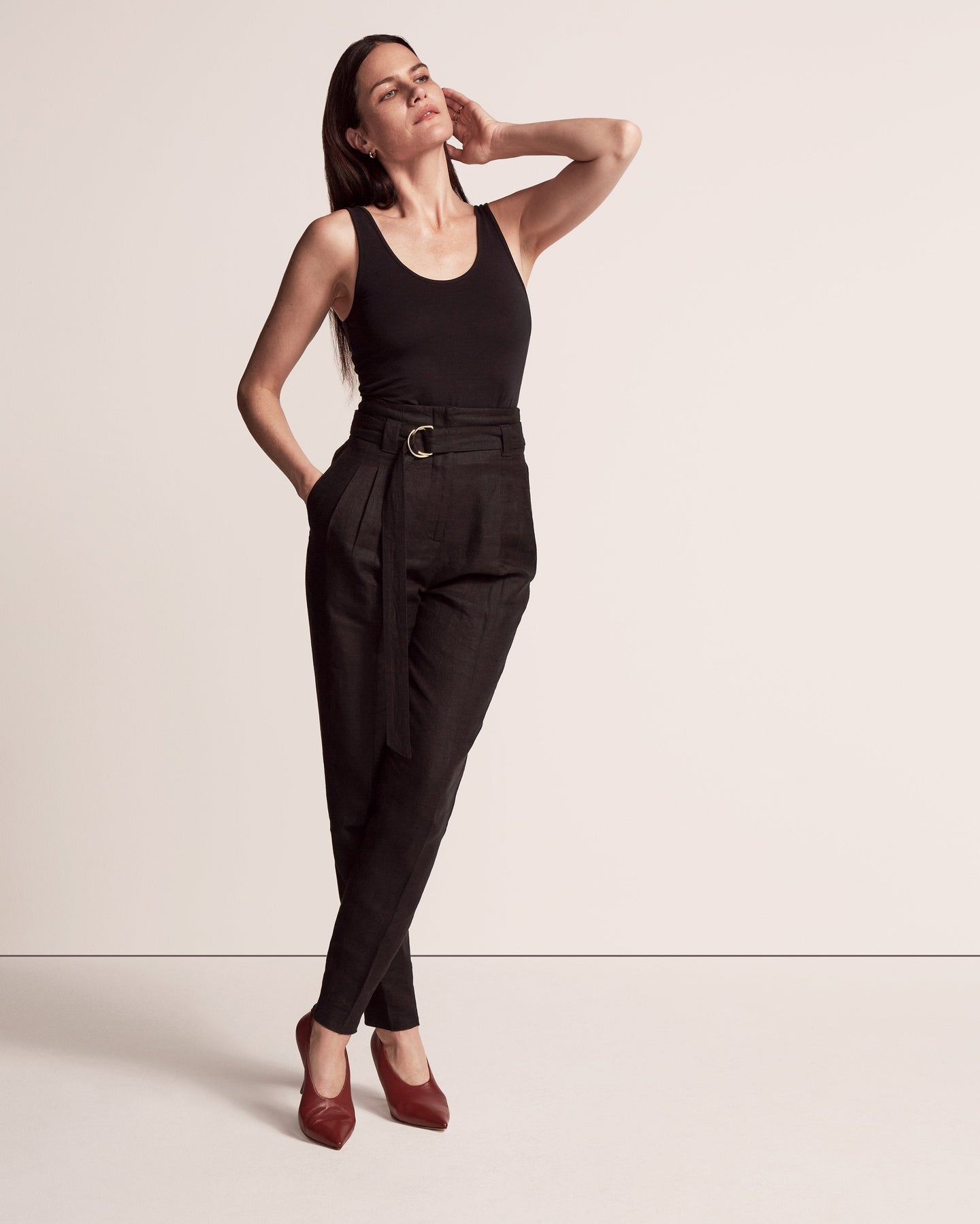 Another Tomorrow Paper Bag Pleated Trouser in Black – Linen Women's Trousers
