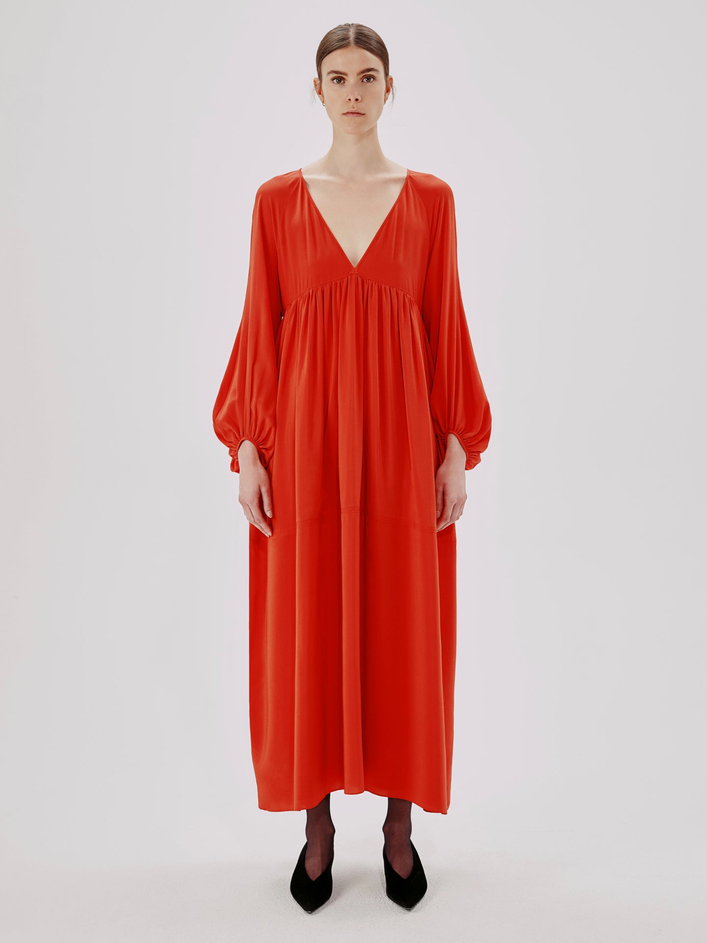 Another Tomorrow Empire Cocoon Dress in Tomato – Silk Women's Dress