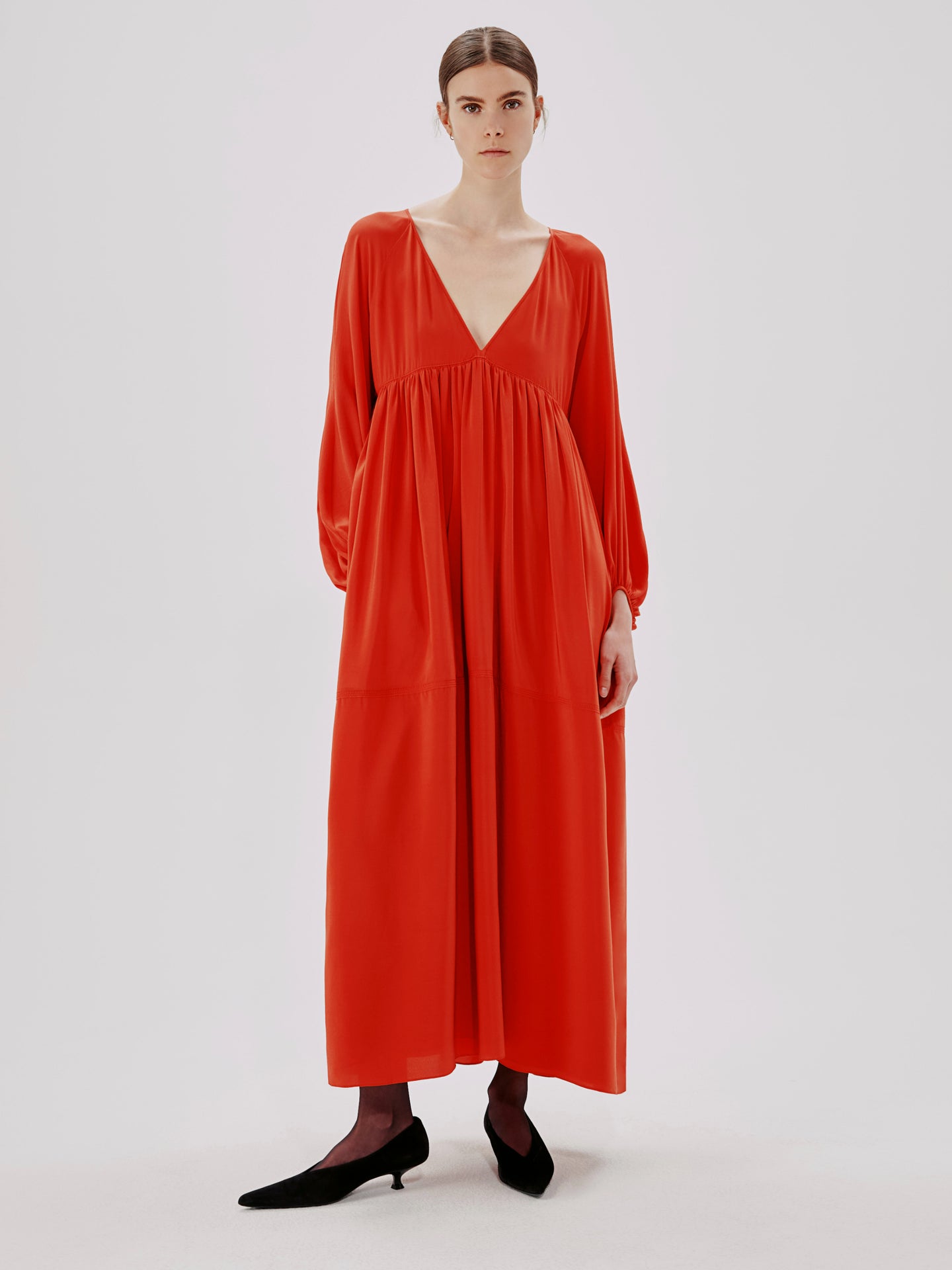 Another Tomorrow Empire Cocoon Dress in Tomato – Silk Women's Dress