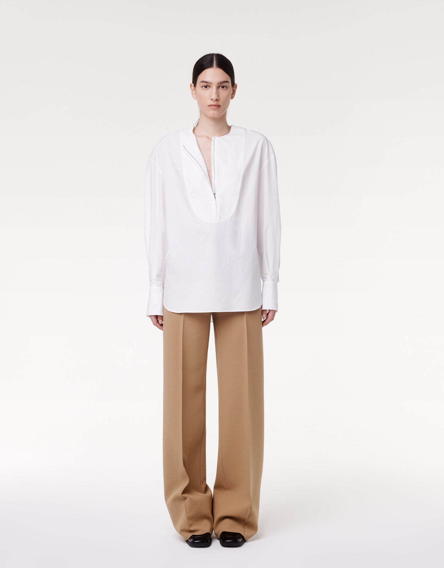 Another Tomorrow Exaggerated Bib Blouse in White – Cotton Women's Top