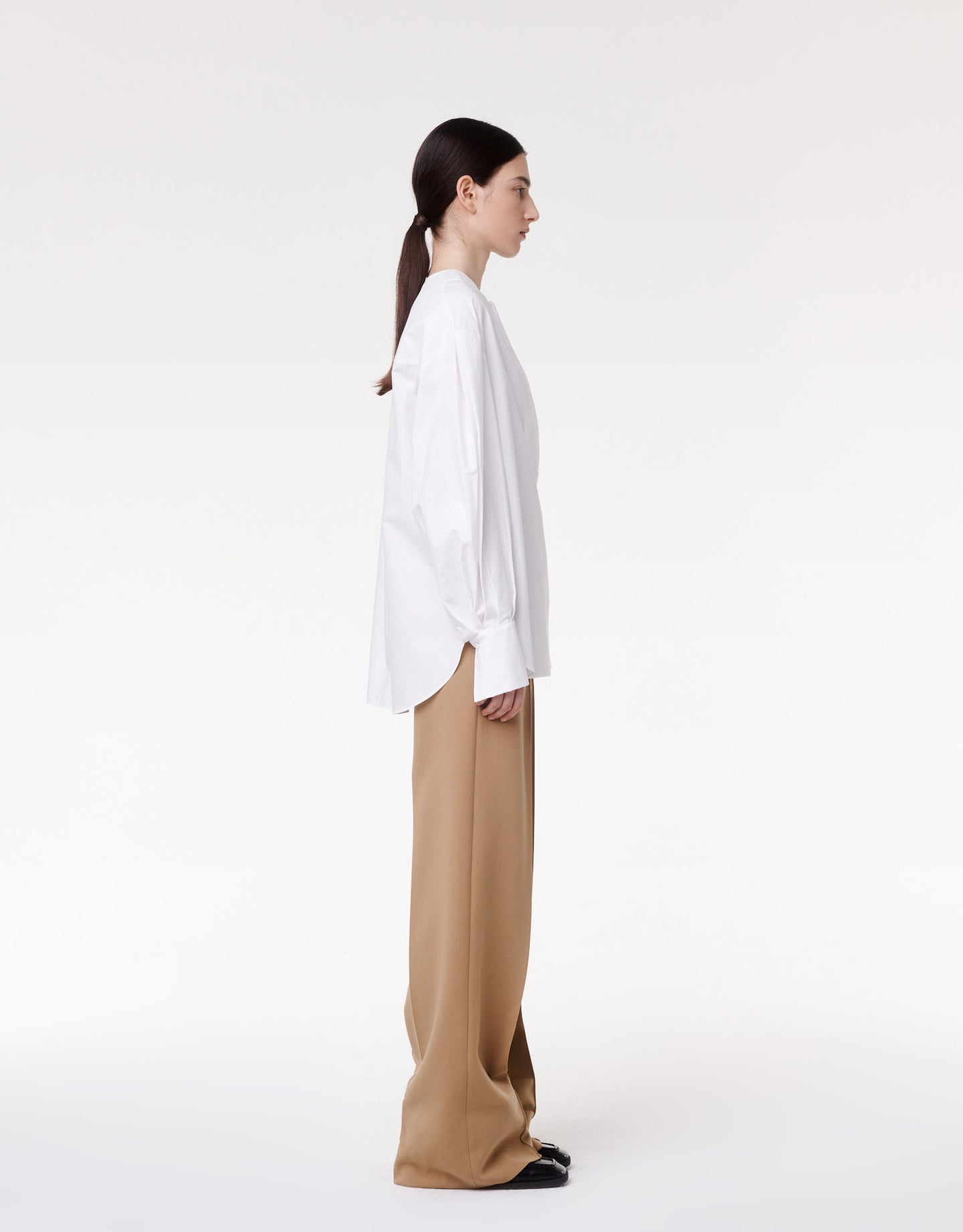 Another Tomorrow Exaggerated Bib Blouse in White – Cotton Women's Top