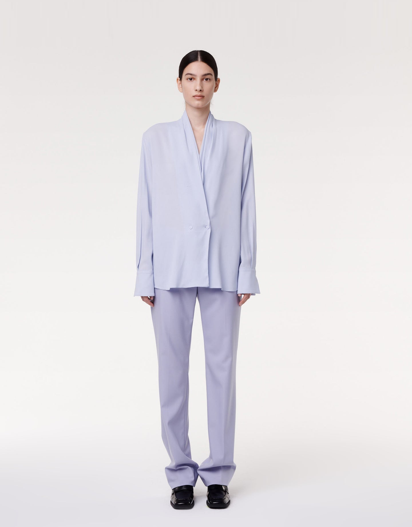 Another Tomorrow Gathered Neckline Blouse in Lilac – Viscose Women's Top