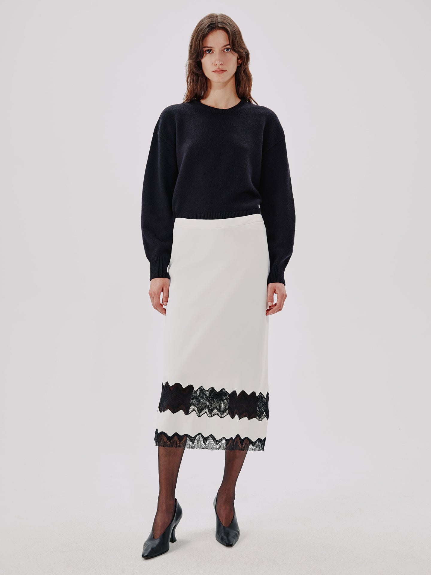 Another Tomorrow Lace Inset Skirt in White/Black – Viscose Women's Skirt