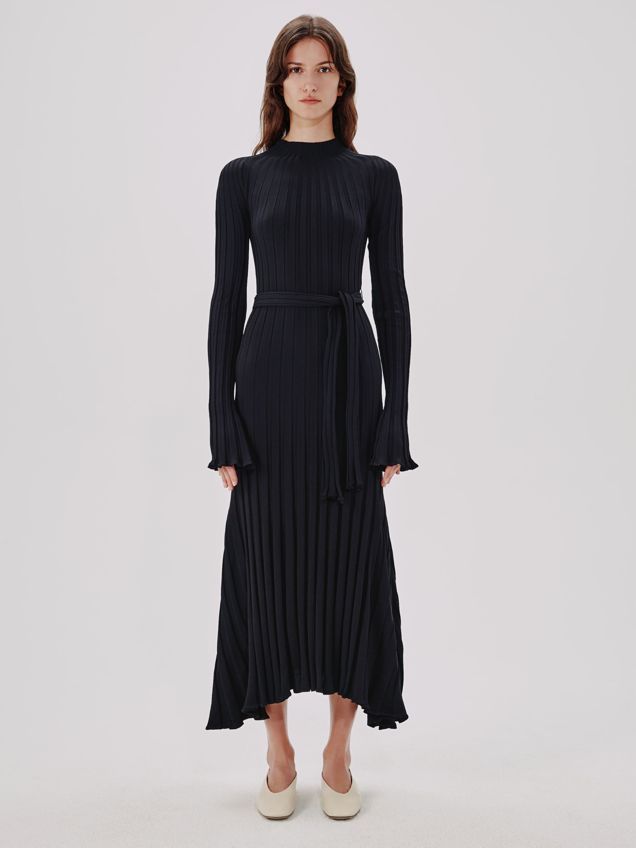 Long Sleeve Rib Flare Dress | Black Another Tomorrow Long Sleeve Rib Flare Dress | Black Another Tomorrow