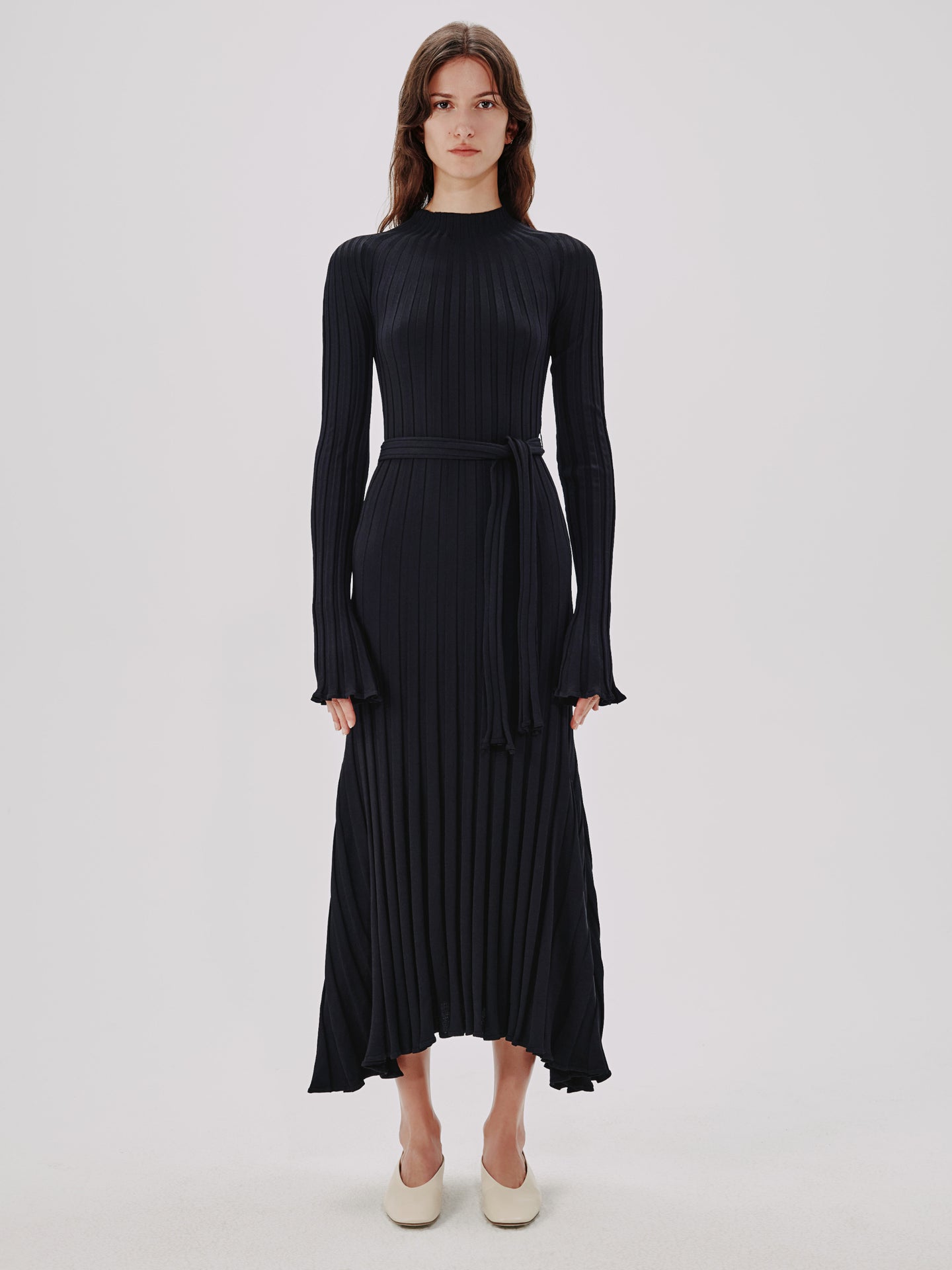 Another Tomorrow Long Sleeve Rib Flare Dress in Black – Viscose Women's Dress