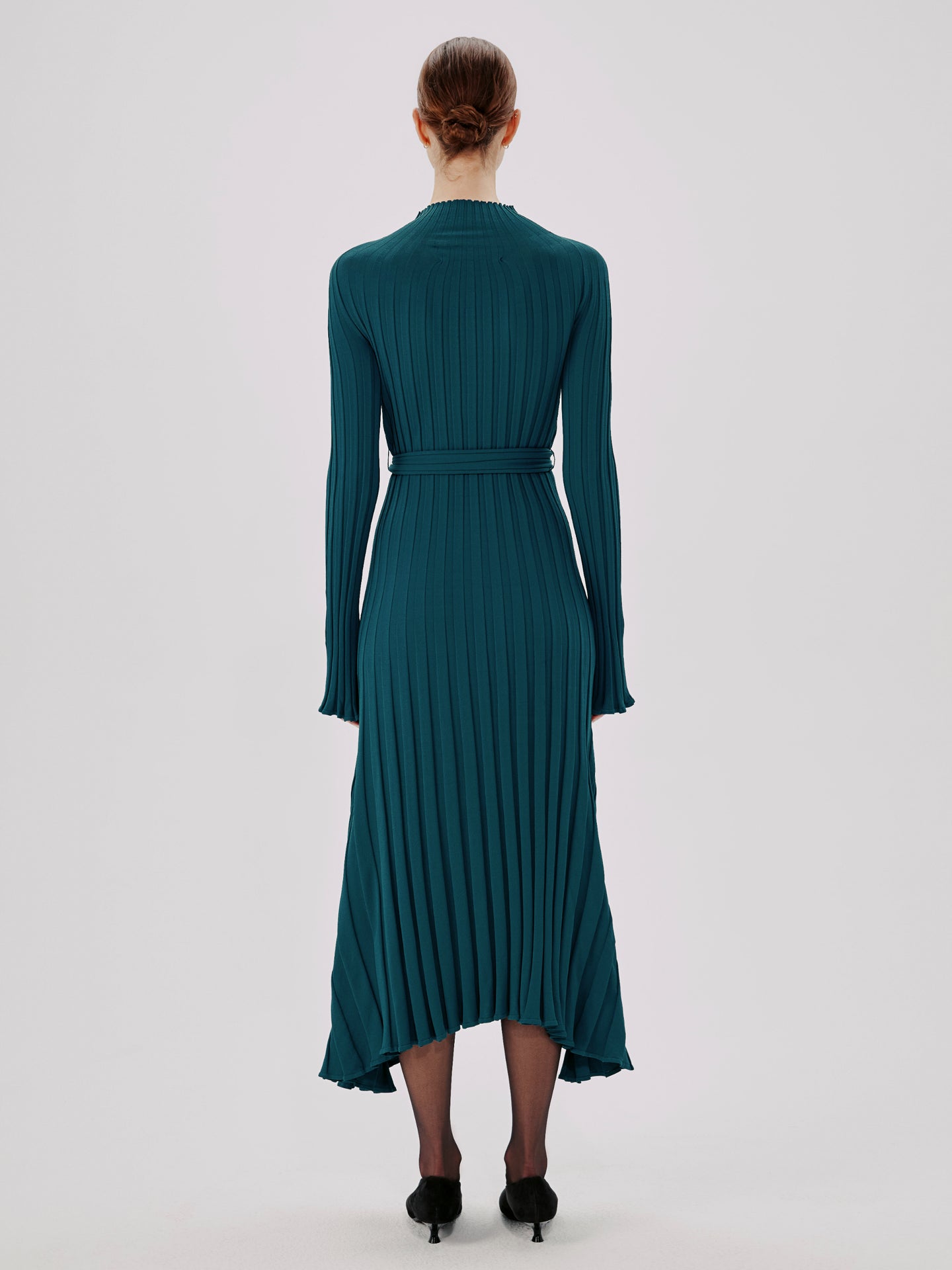 Another Tomorrow Long Sleeve Rib Flare Dress in Petrol – Viscose Women's Dress