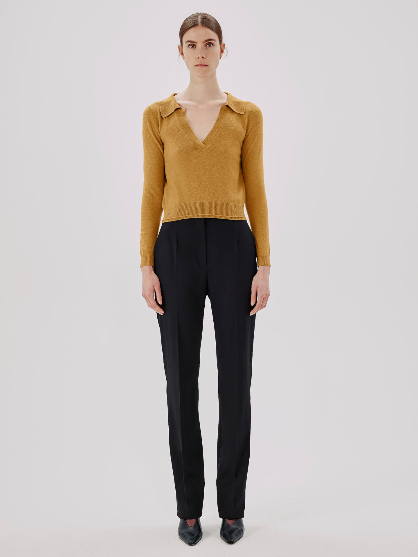 Another Tomorrow Long Sleeve Polo Top in Goldenrod – Cashmere Women's Top