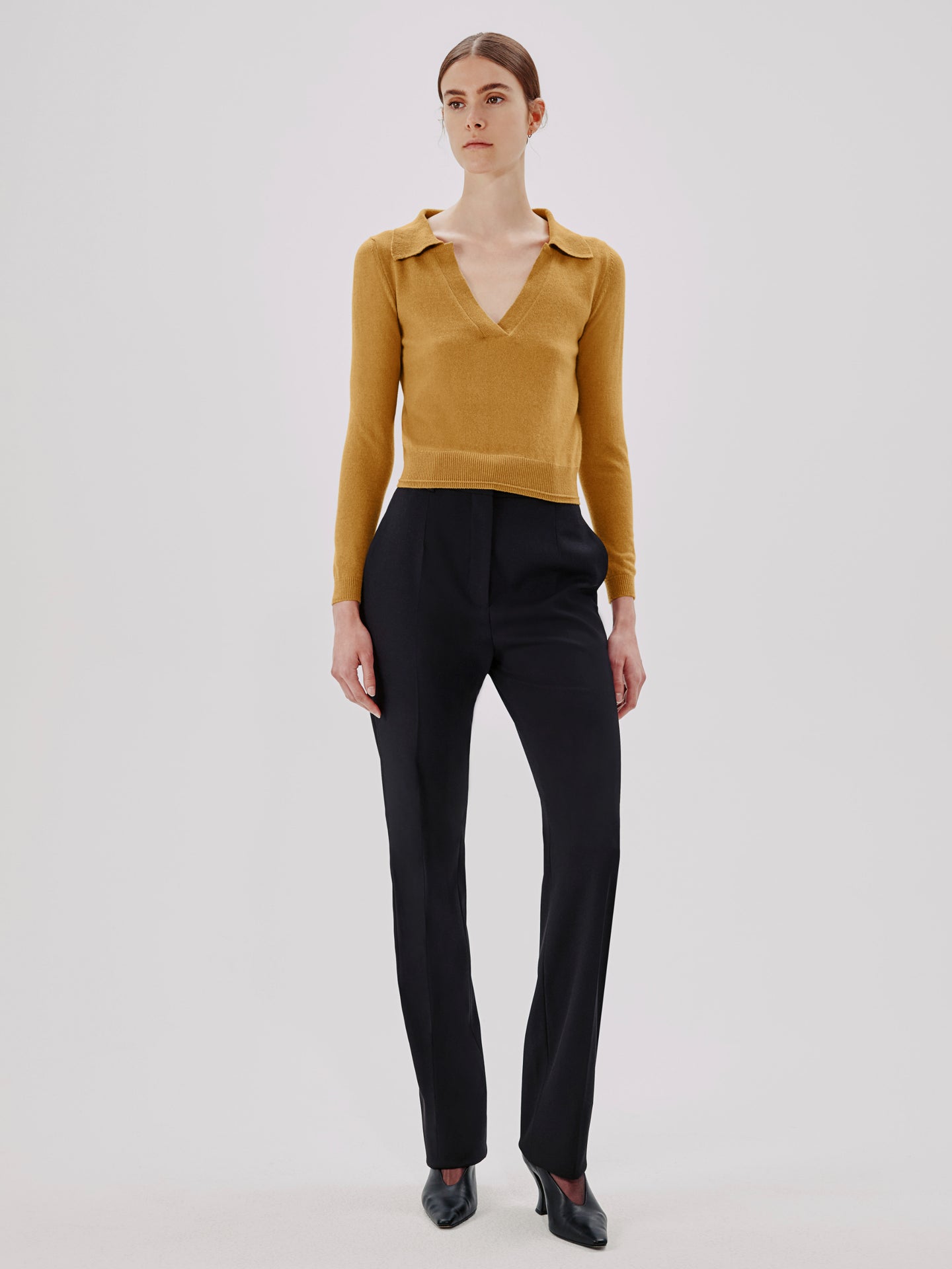 Another Tomorrow Long Sleeve Polo Top in Goldenrod – Cashmere Women's Top