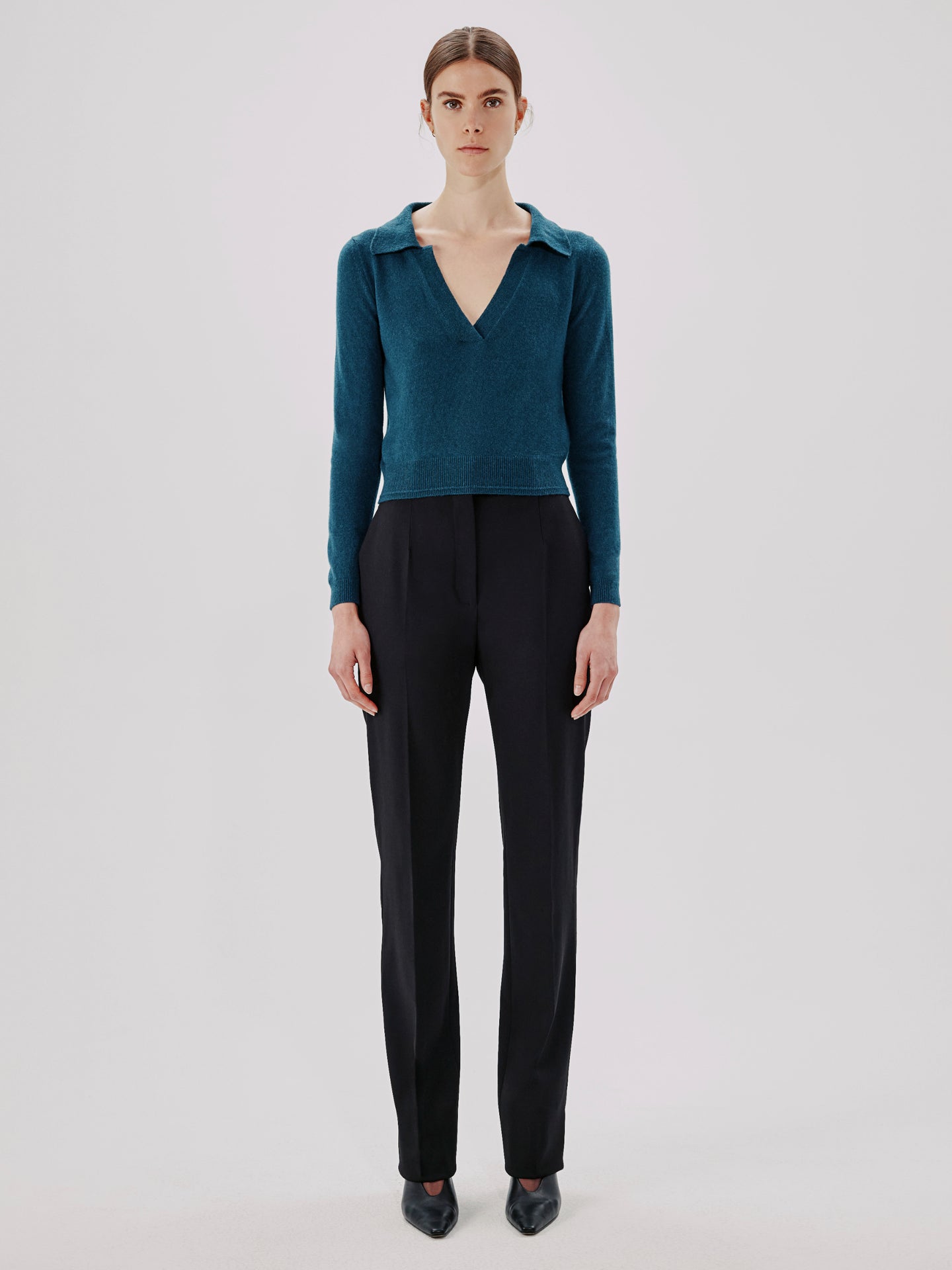 Another Tomorrow Long Sleeve Polo Top in Petrol – Cashmere Women's Top