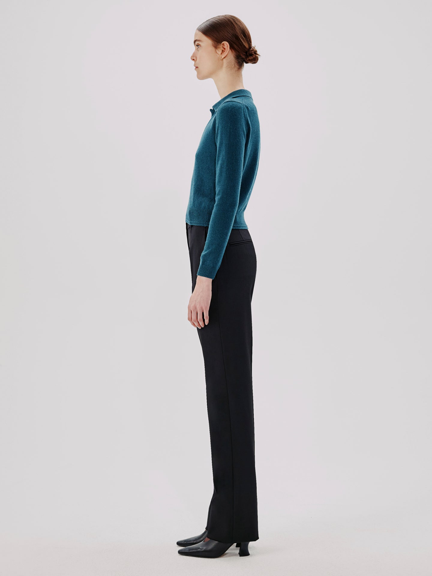 Another Tomorrow Long Sleeve Polo Top in Petrol – Cashmere Women's Top