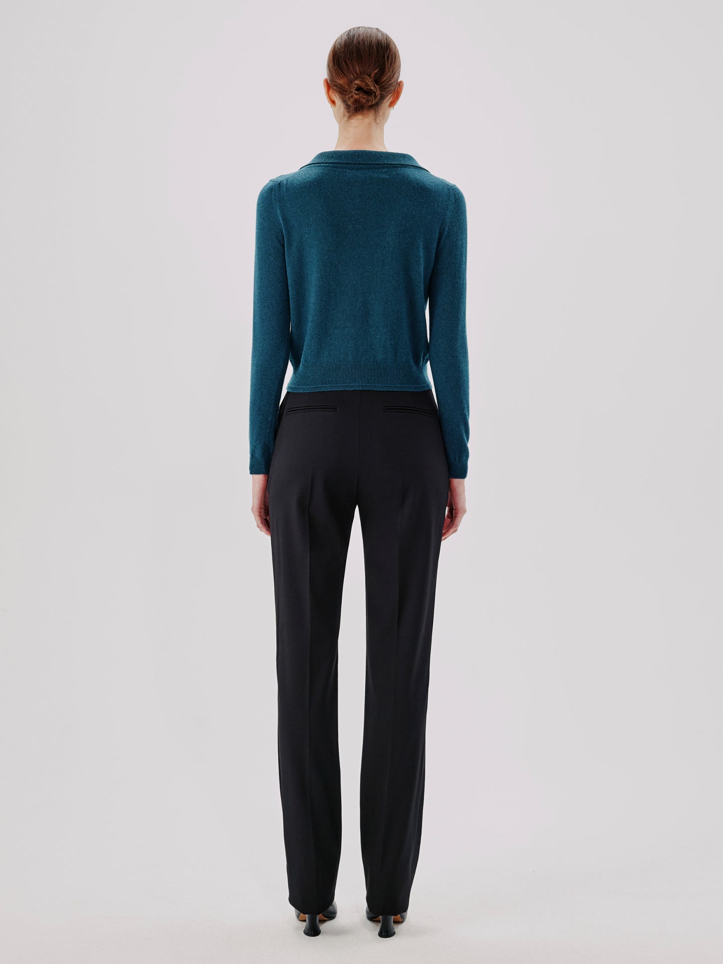 Another Tomorrow Long Sleeve Polo Top in Petrol – Cashmere Women's Top