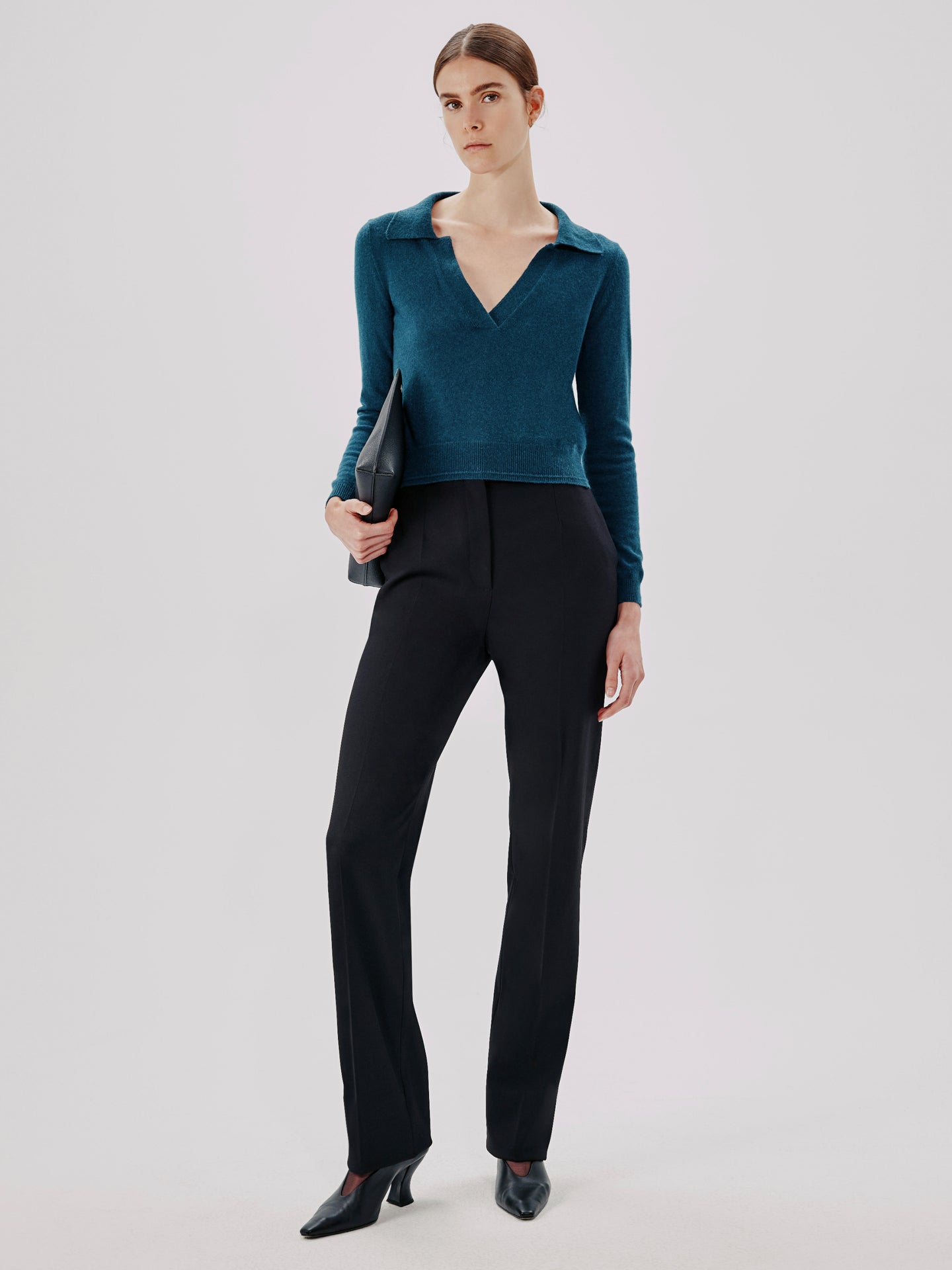 Another Tomorrow Long Sleeve Polo Top in Petrol – Cashmere Women's Top