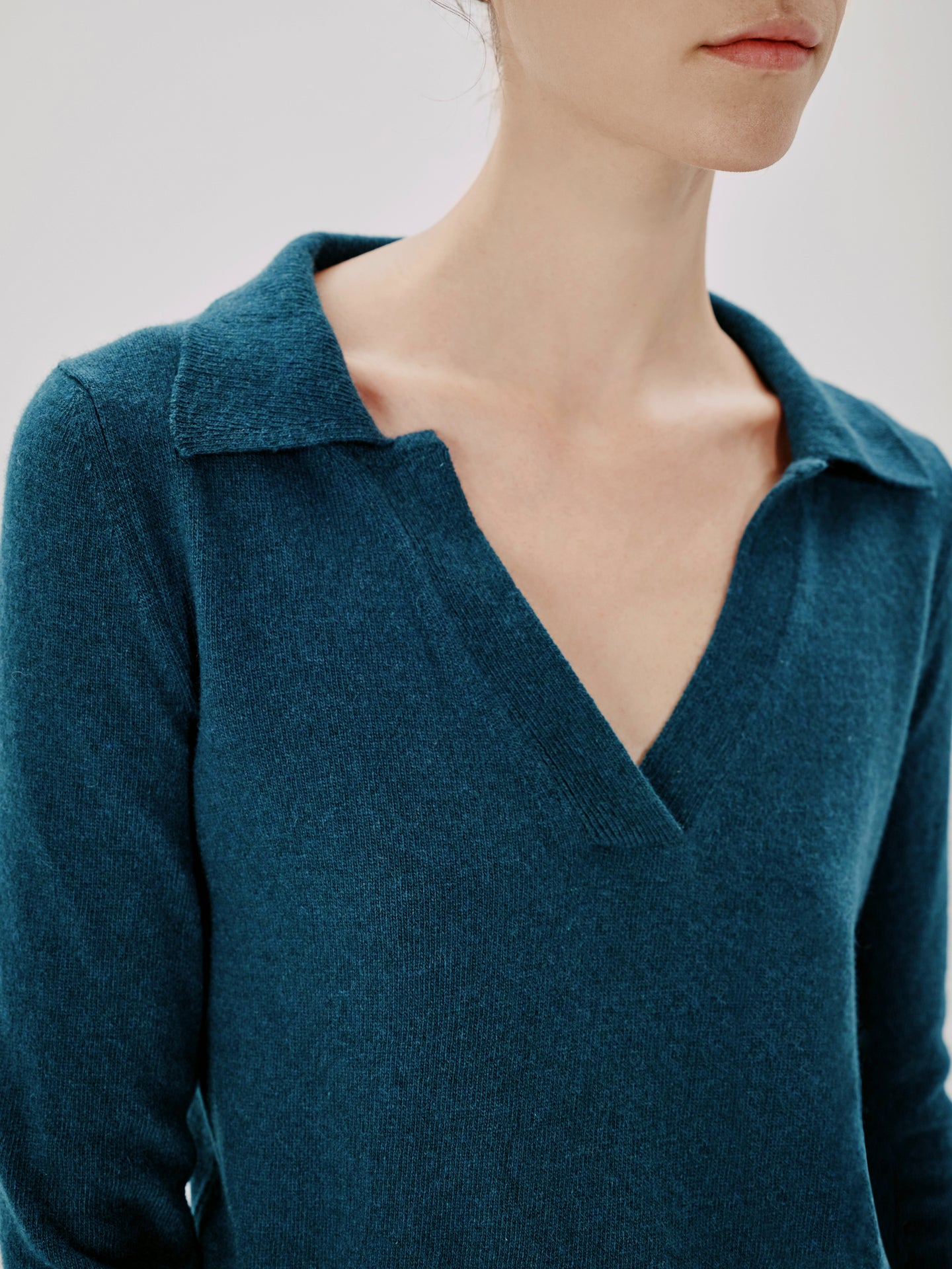 Another Tomorrow Long Sleeve Polo Top in Petrol – Cashmere Women's Top