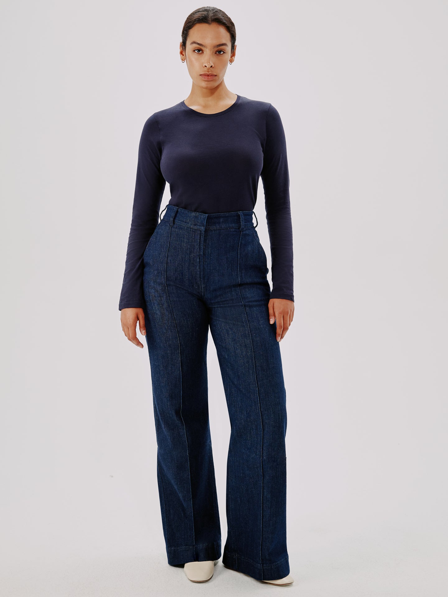 Another Tomorrow Long Sleeve T-Shirt in Navy – Cotton Women's Top