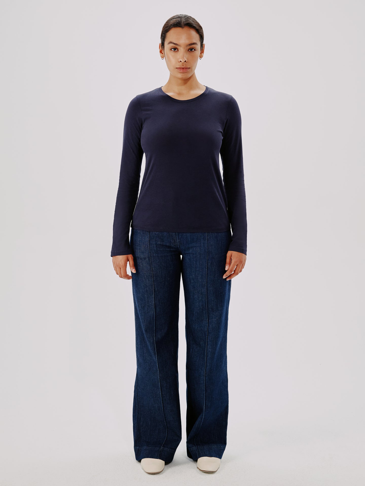 Another Tomorrow Long Sleeve T-Shirt in Navy – Cotton Women's Top