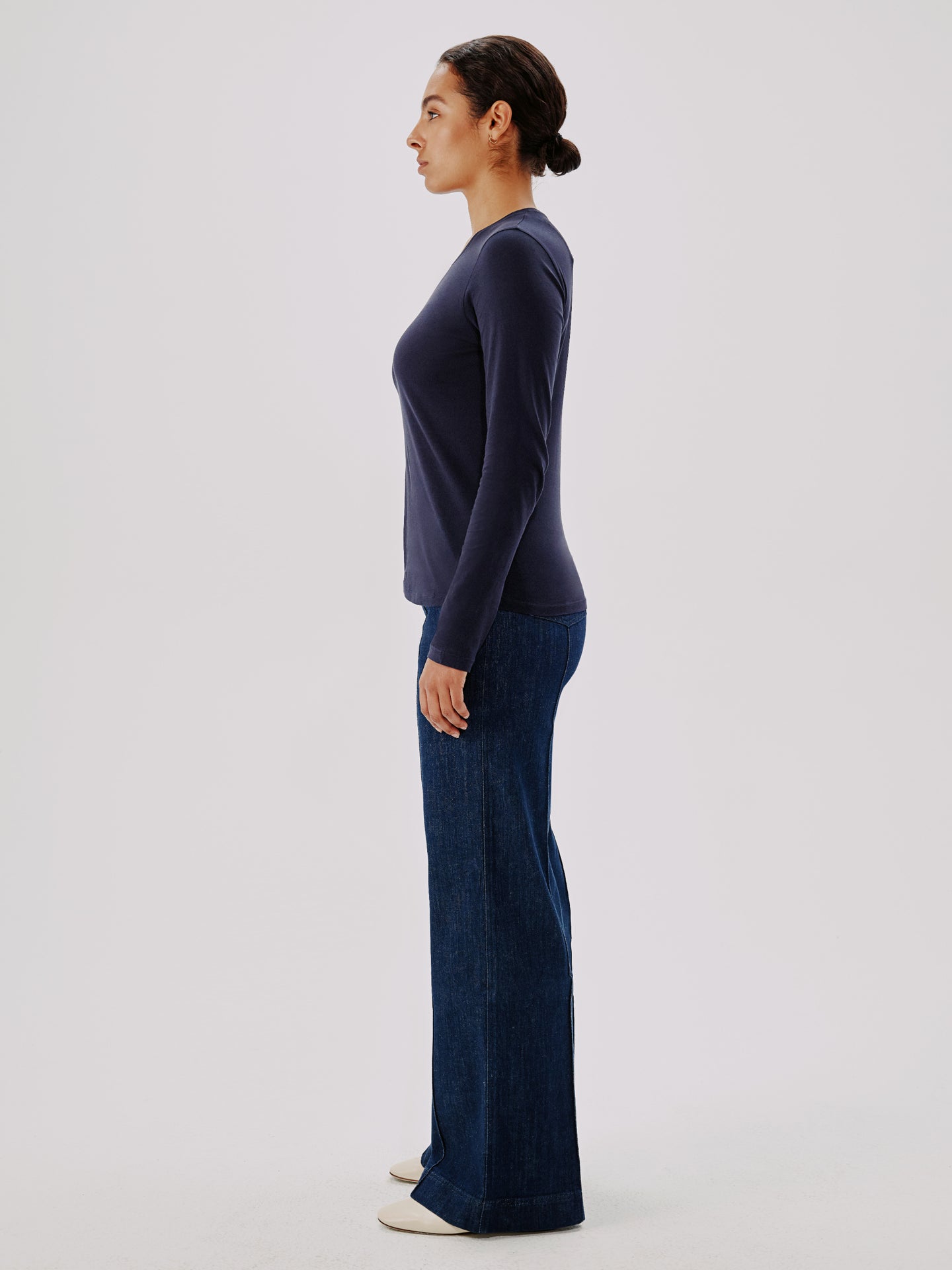 Another Tomorrow Long Sleeve T-Shirt in Navy – Cotton Women's Top