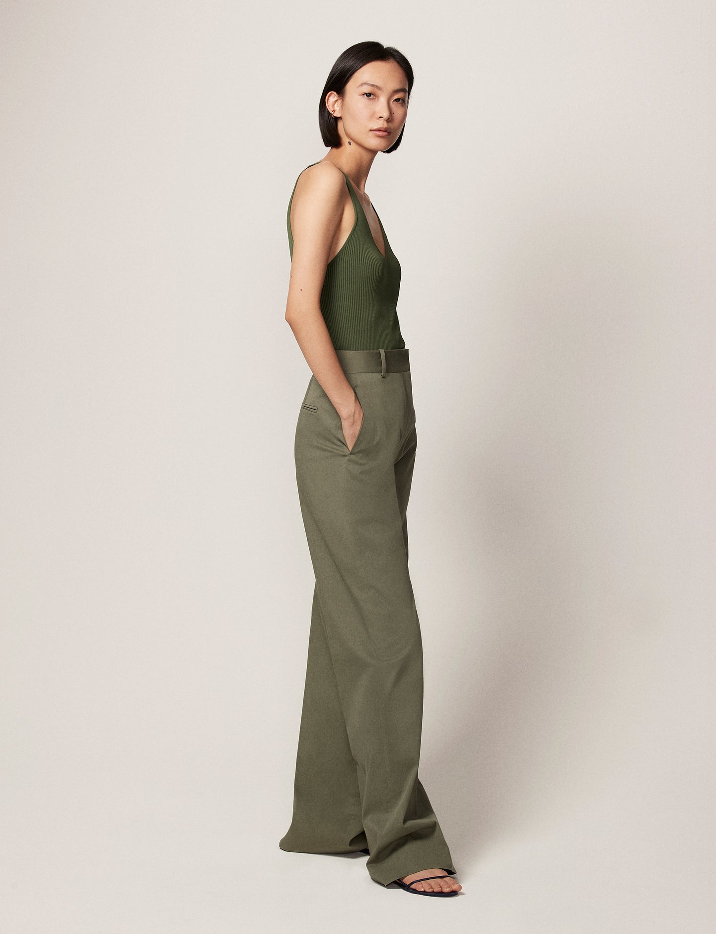 Another Tomorrow Deep V Tank Knit in Olive Green – Viscose Women's Knitwear