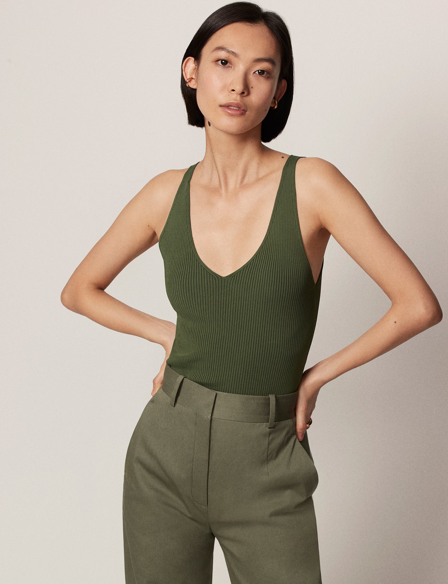 Another Tomorrow Deep V Tank Knit in Olive Green – Viscose Women's Knitwear