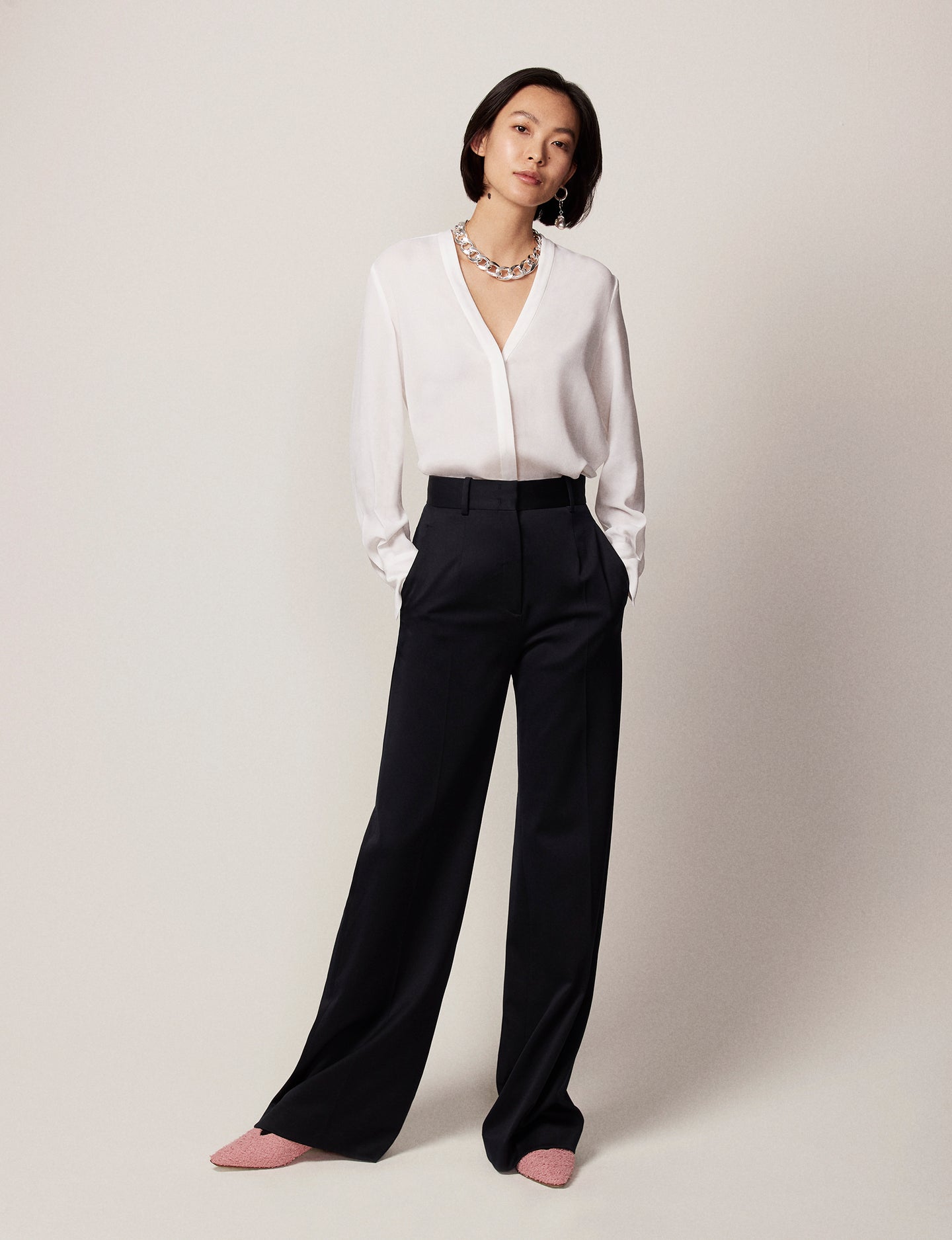Another Tomorrow V-Neck Blouse in White – Viscose Women's Top