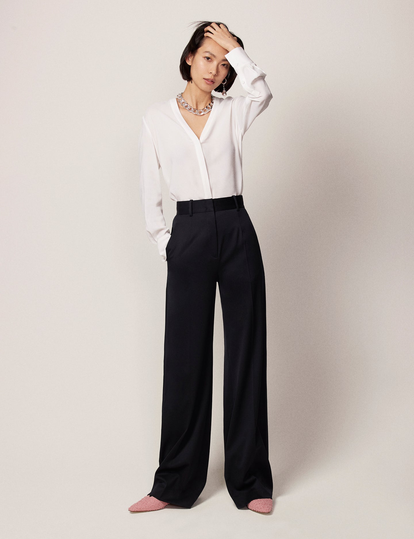 Another Tomorrow V-Neck Blouse in White – Viscose Women's Top