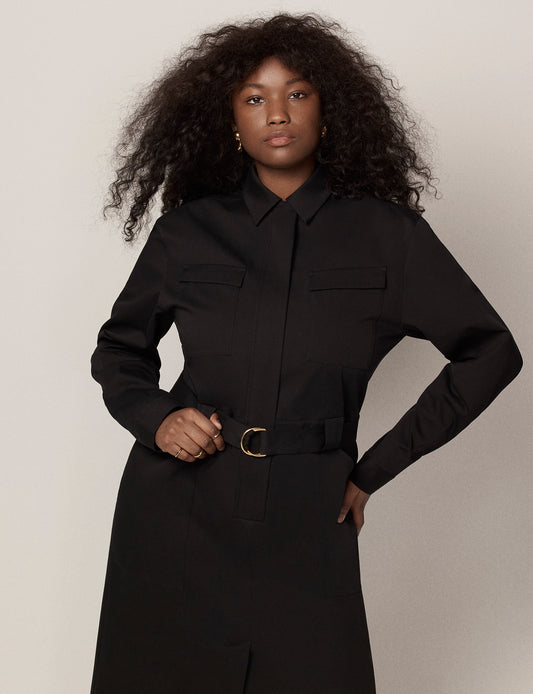 Another Tomorrow Belted Utility Dress in Black – Cotton Women's Dress